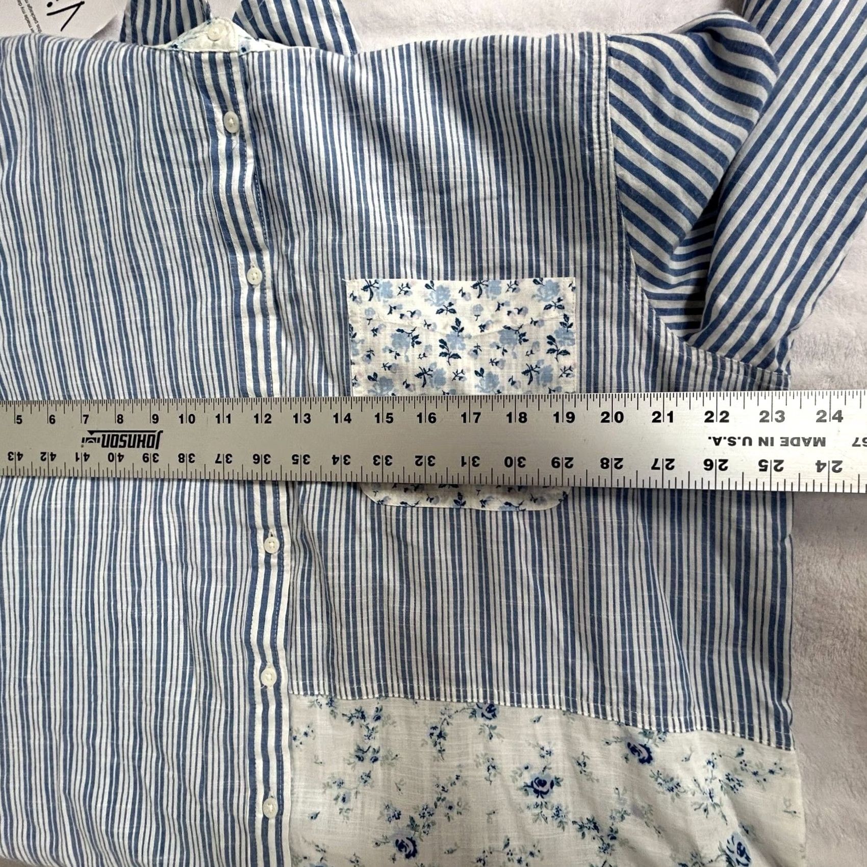 Laura Ashley Laura Ashley X Lucky Brand Striped Floral Patchwork Button-Up Shirt Large Blue Shirt Womens L Blue Striped Floral Patchwork Button-Down Normals 10+ Size L / US 10 / IT 46 - 7 Thumbnail