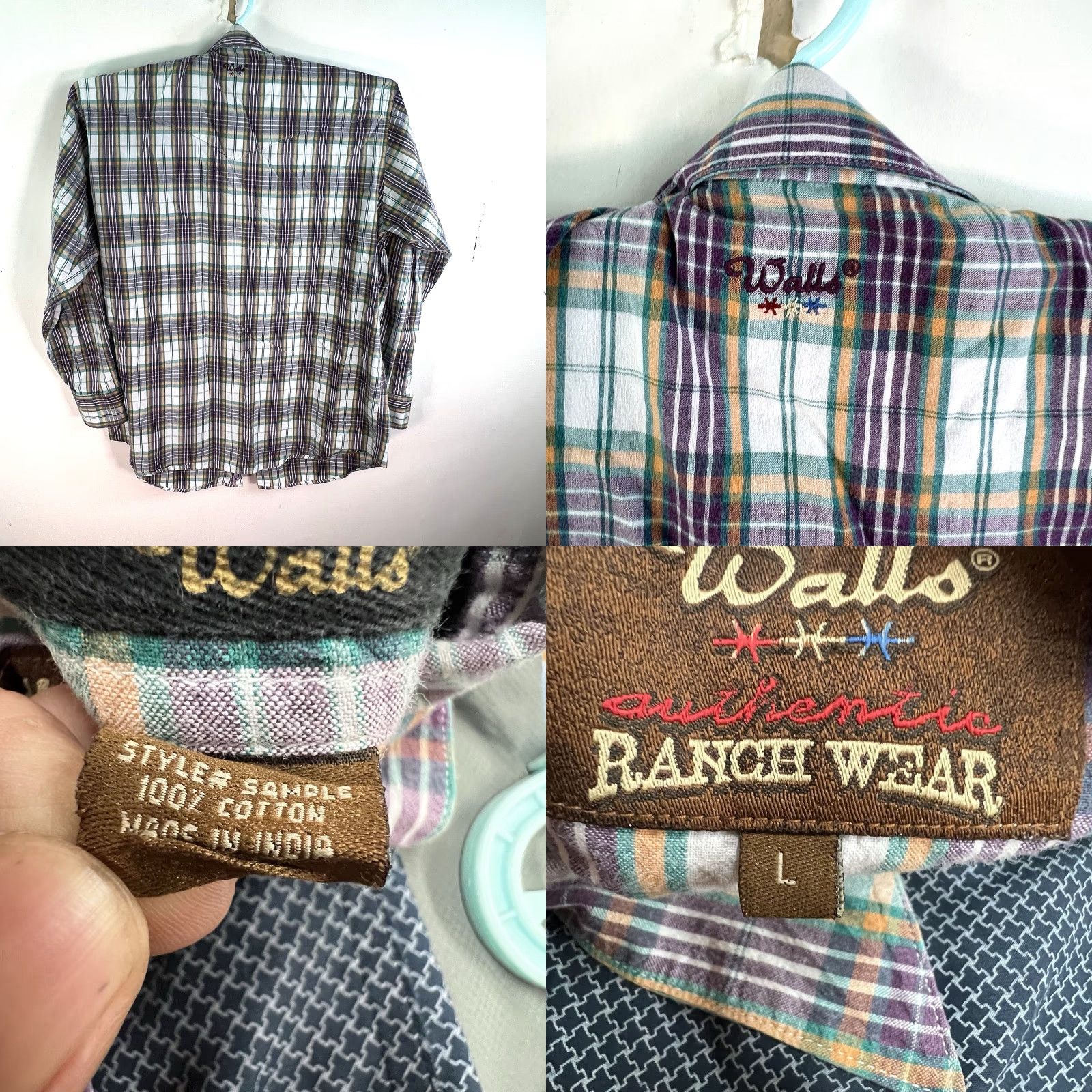 Walls VINTAGE Wall's Ranch Wear Cotton Plaid Pearl-Snap Shirt Men Large Purple Cowboy Western Long Sleeve Size US L / EU 52-54 / 3 - 8 Thumbnail
