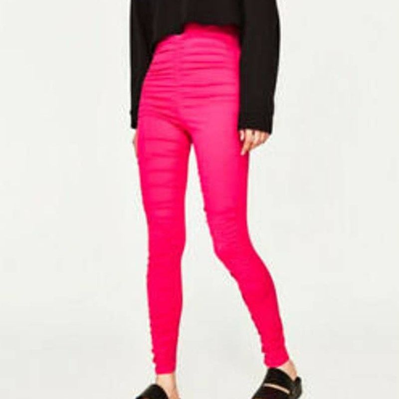 Zara Zara Hot Pink Leggings Pull On Pants Stretch Ruched Front Size 32" / US 10 / IT 46 - 2 Thumbnail