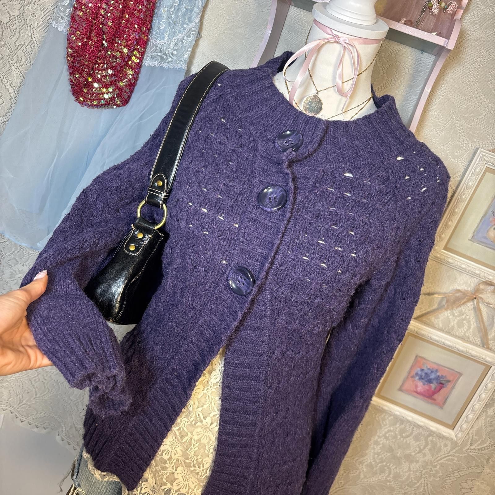 Style & Co vintage purple knit babydoll cardigan sweater Size L / US 10 / IT 46 - 4 Thumbnail