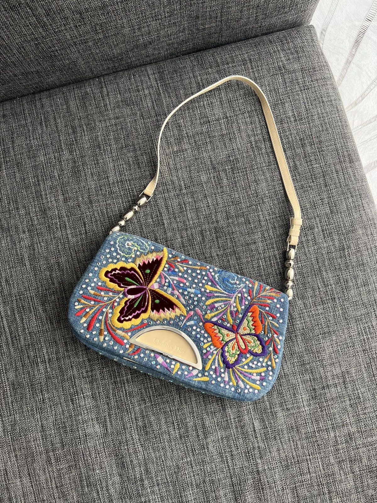 Christian Dior butterfly and crystals denim shoulder bag