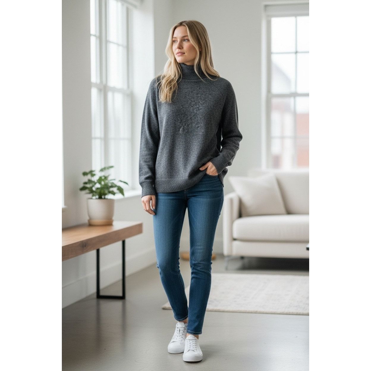 VINCE 100% Cashmere Turtleneck Long Sleeve Sweater Gray