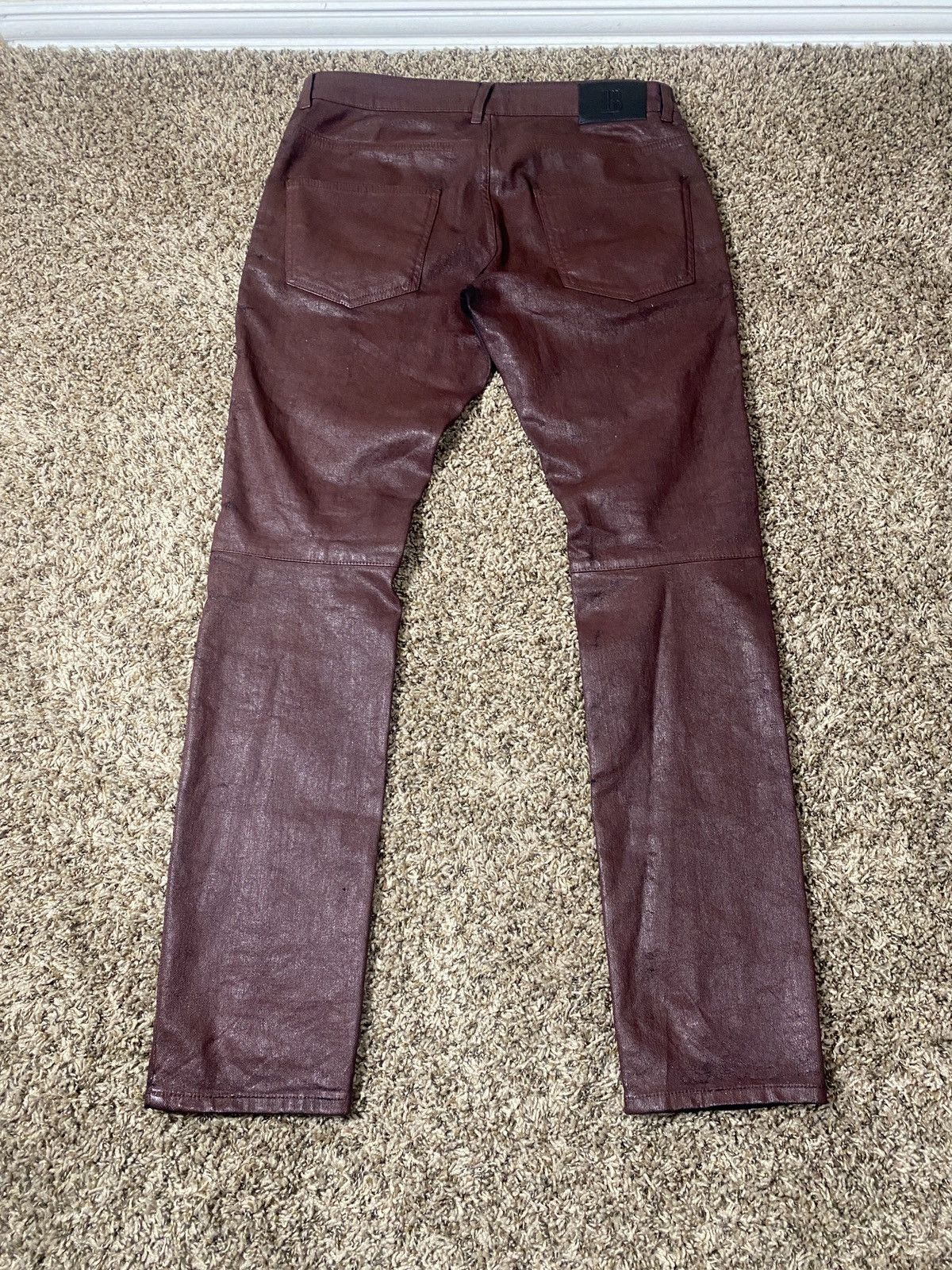 Balmain Pierre Balmain 2010s Brown Wax Painted Biker Denim Jeans Size US 33 - 2 Thumbnail