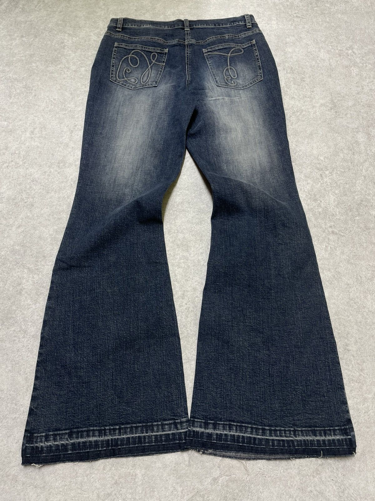 If Six Was Nine × Le Grande Bleu (L.G.B.) × Tornado Mart Skull Y2K Flare Jeans With Ornate Threadwork — Think LGB Size US 32 / EU 48 - 14 Thumbnail