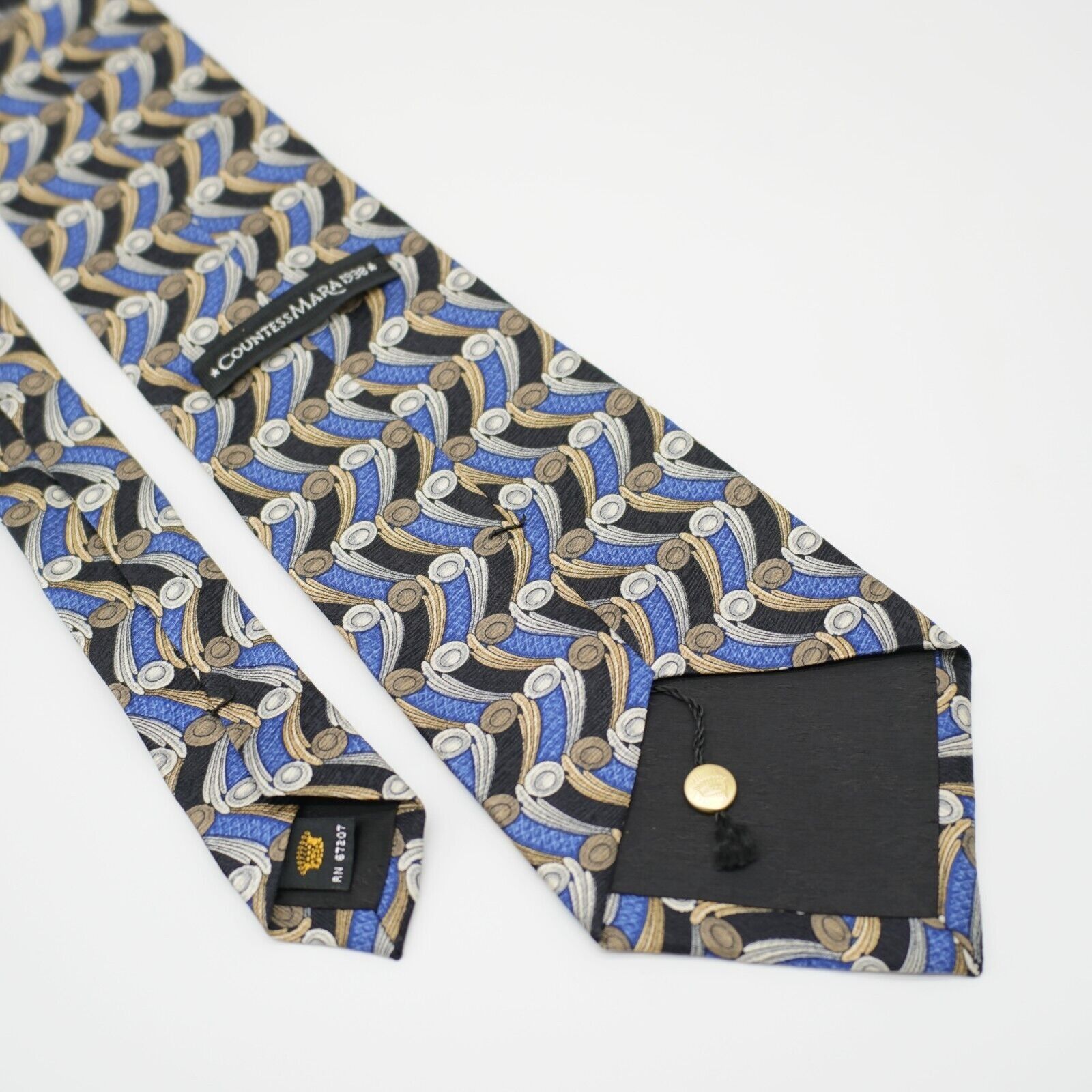 Countess Mara Countess Mara Blue Tan Gray Geometric Print Wide Silk Tie Size ONE SIZE - 7 Thumbnail