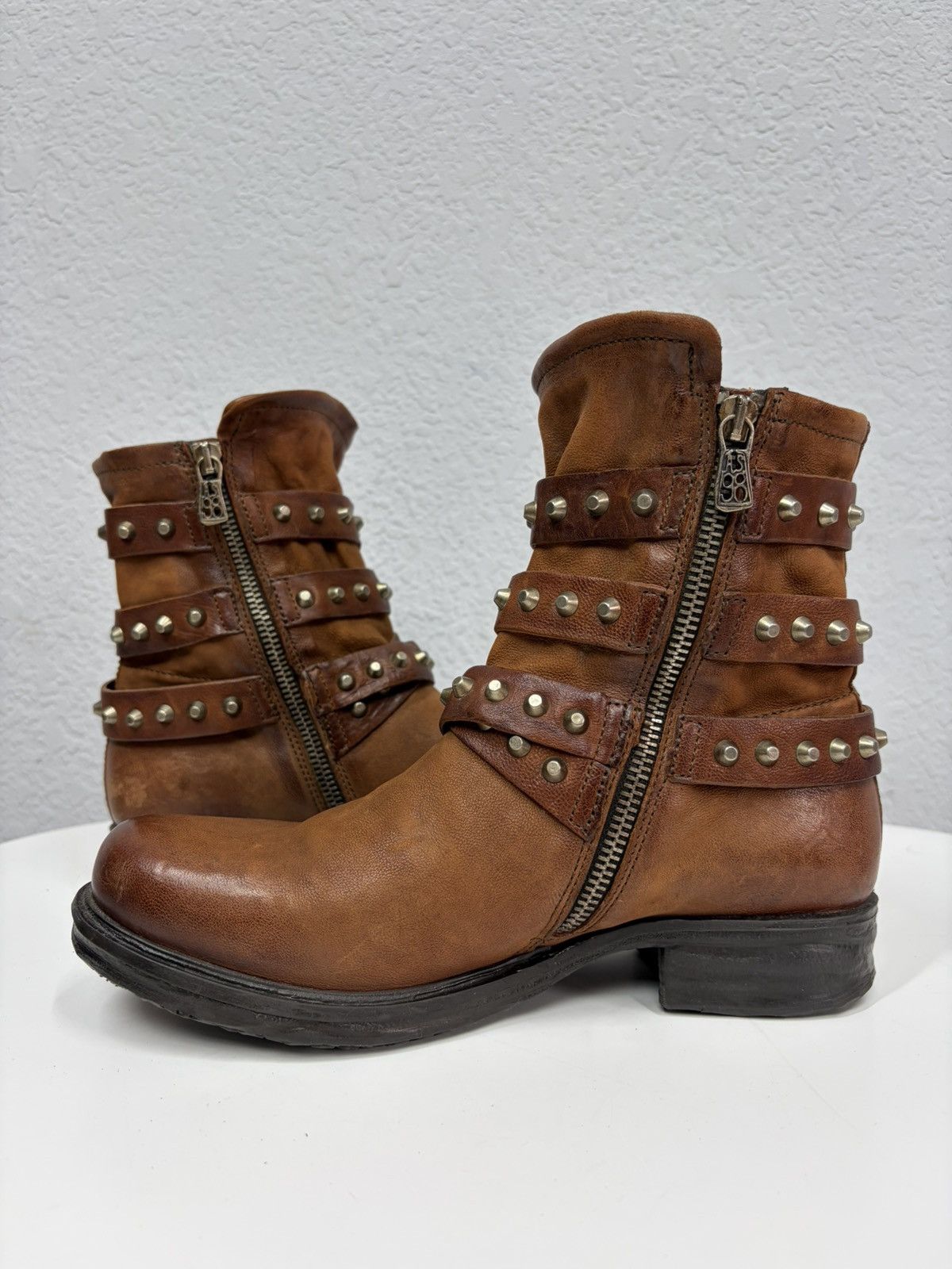 If Six Was Nine Brown Leather Studded Harness Boots Multi-Strap Biker Boots Size US 8 / IT 38 - 6 Thumbnail