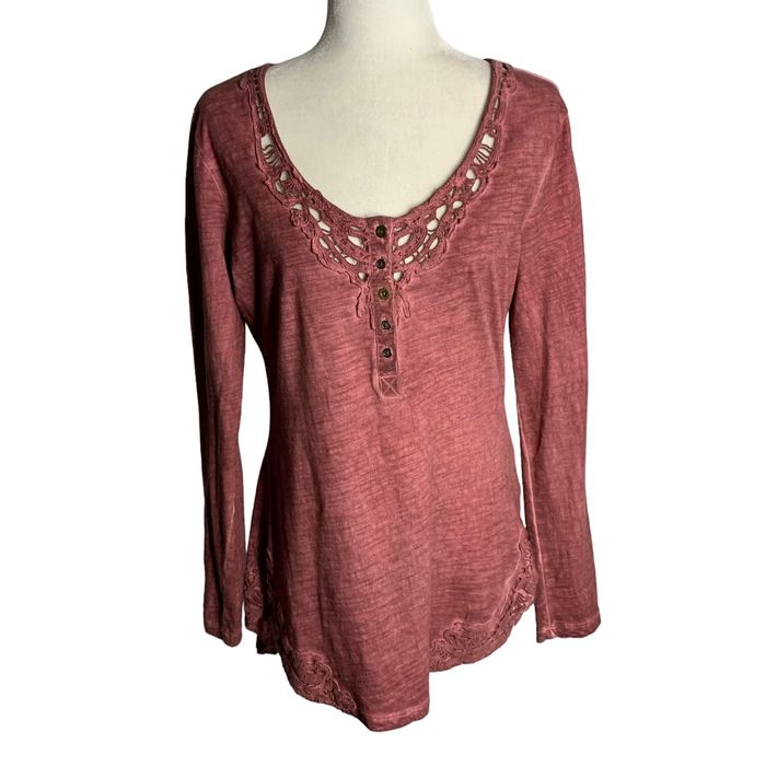Other Lace Cutout Long Sleeve Henley Top L Pink Buttons High Low H | Grailed