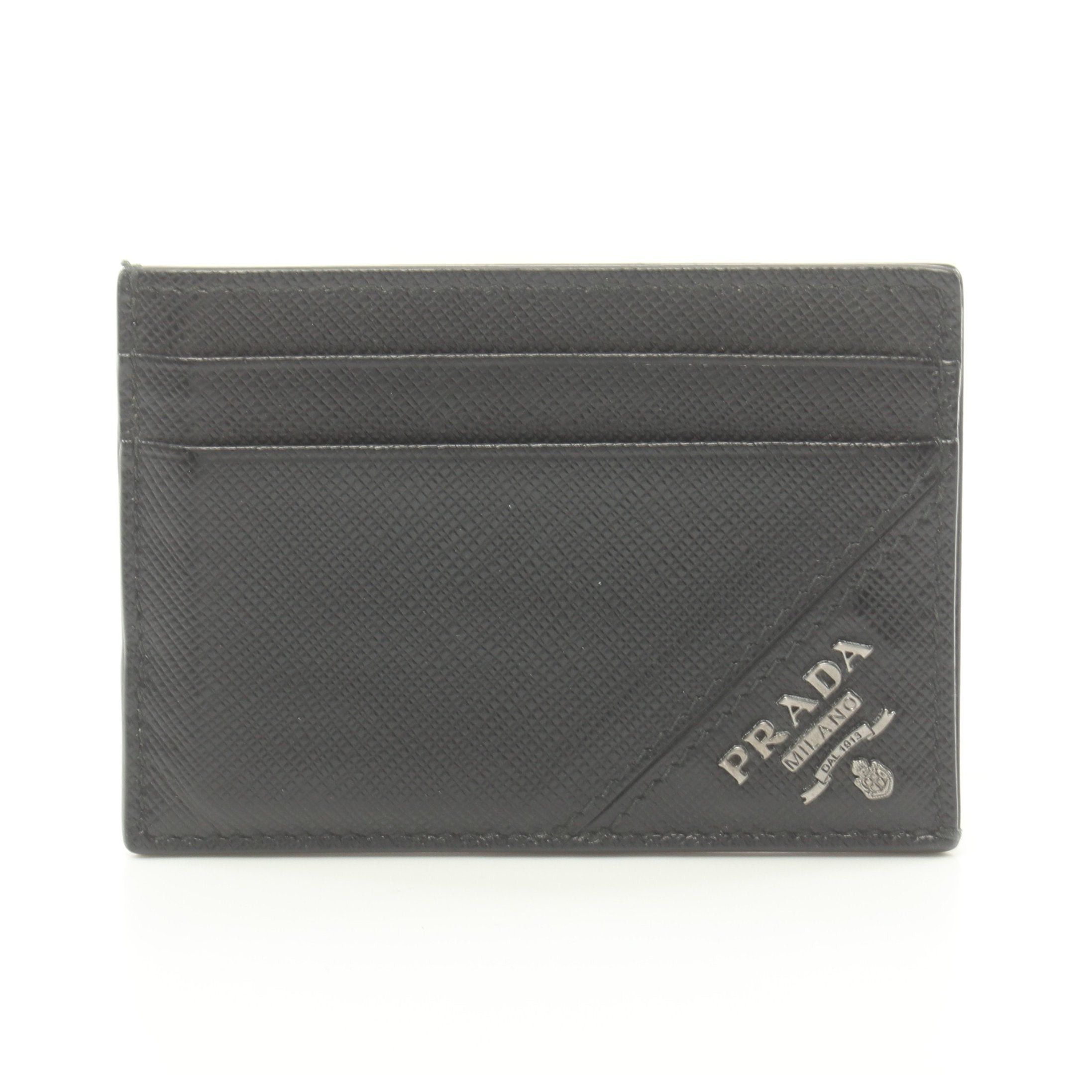 image of Prada Card Case Name Card Holder Saffiano Leather Black With Money Clip, Men's