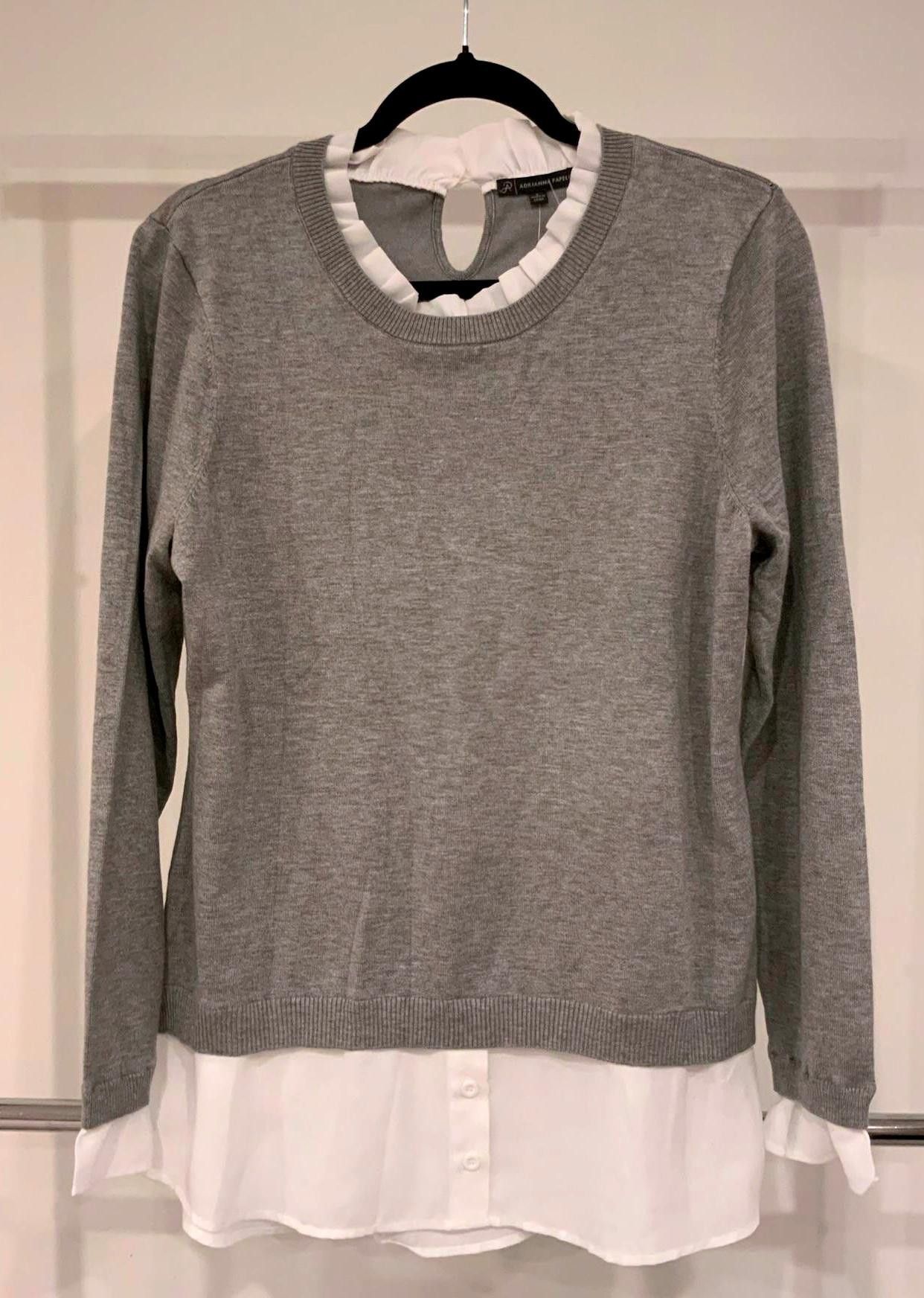 Designer Adrianna Papell Grey Sweater with Ruffled Collar - Size L Size L / US 10 / IT 46 - 1 Thumbnail