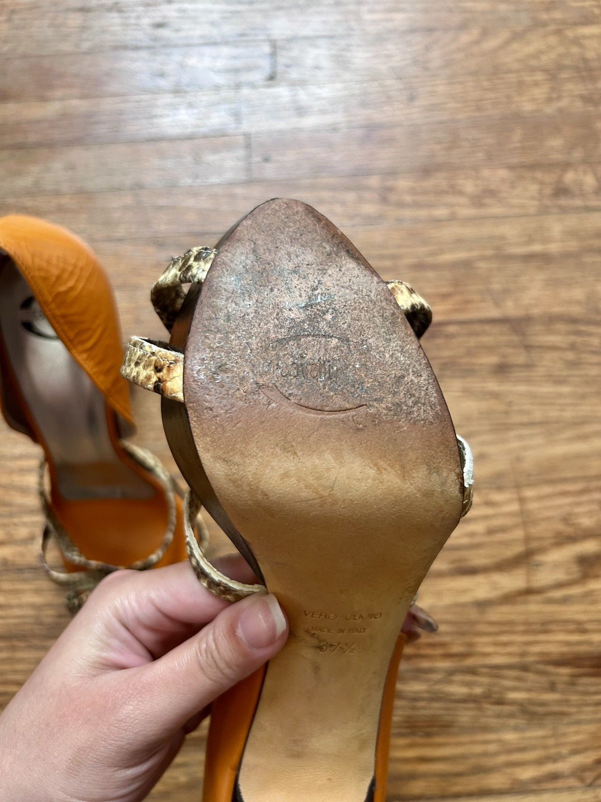 Roberto Cavalli Roberto Cavalli Orange & Black Heels with Snakeskin Straps Size US 7.5 / IT 37.5 - 7 Thumbnail
