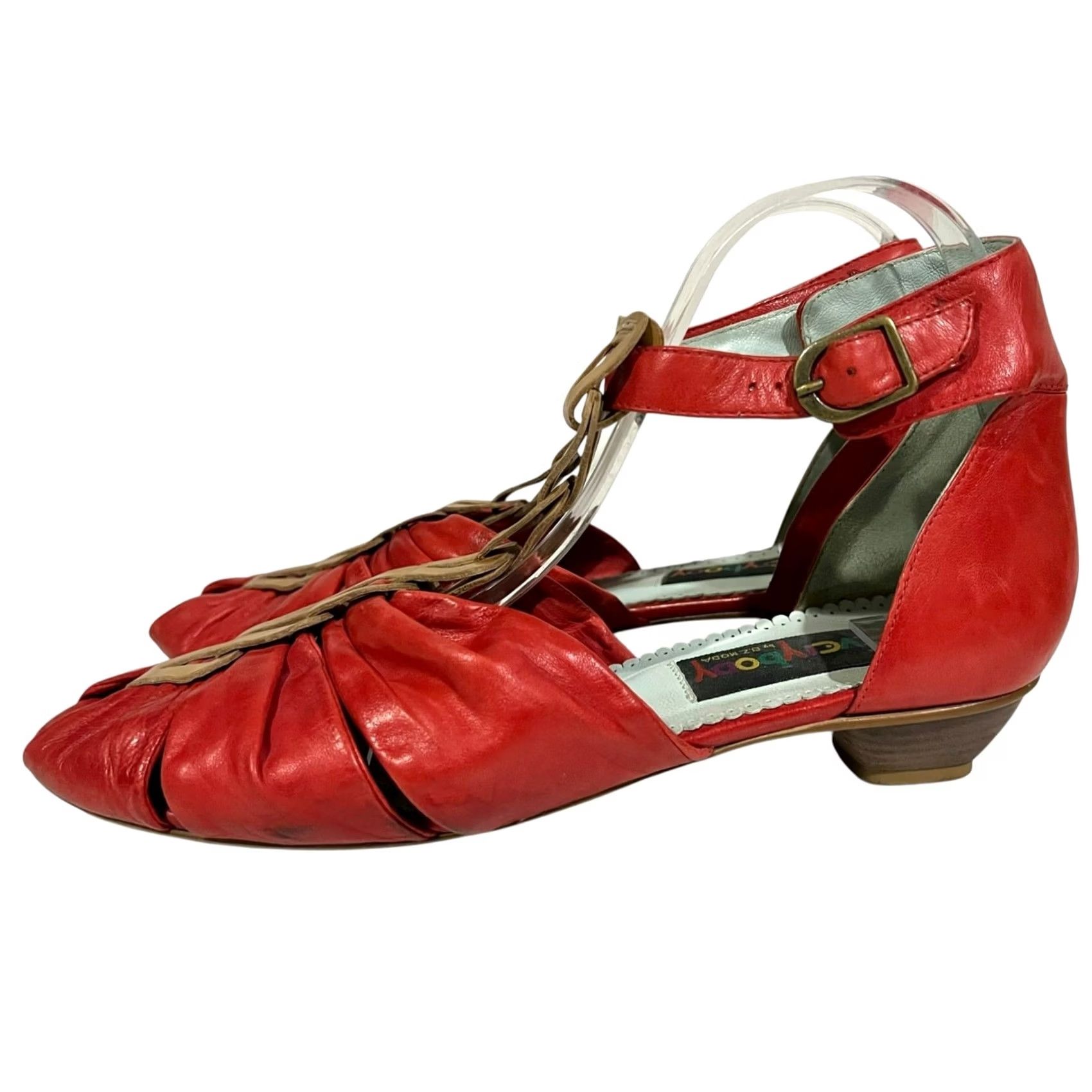 Vintage Everybody by B.Z. Moda Sandals Womens EU 40.5 Red & Tan Leather Ankle Buckle Heel Sandal Shiny Strappy Party/Cocktail Shoes Size US 10 / IT 40 - 6 Thumbnail