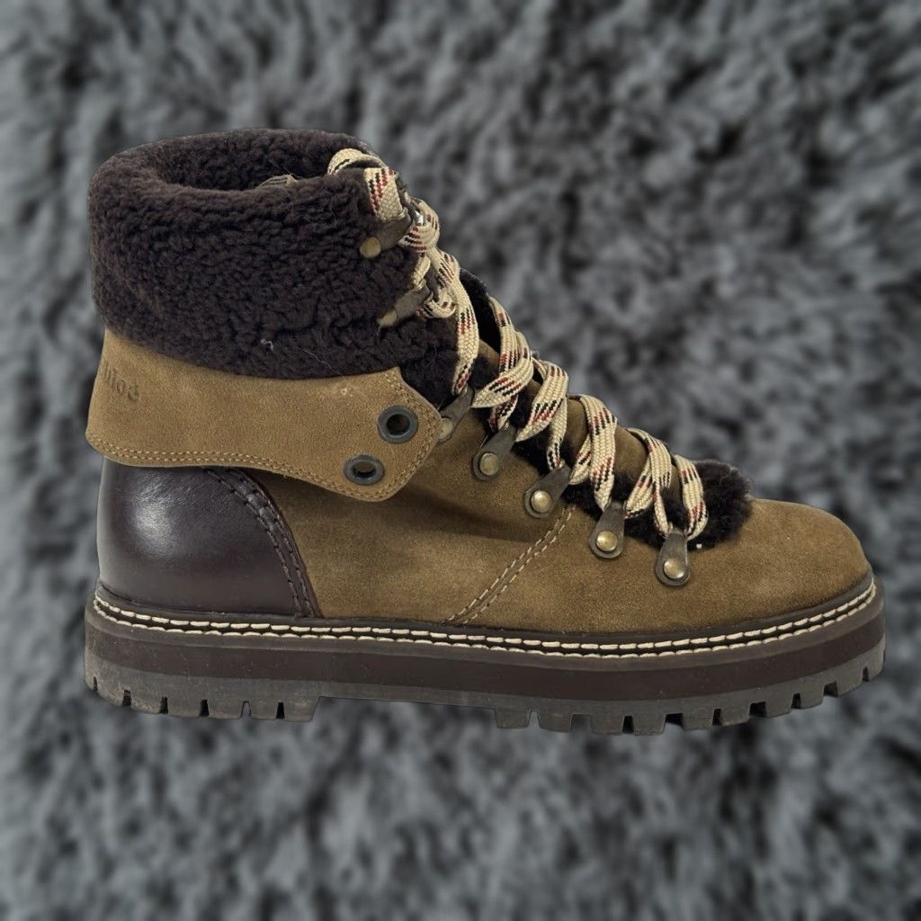 Vintage VINTAGE See By Chloé Eileen Boots Suede Shearling Brown Lace Up Womens 6 (EU 36) Tan Multi, Casual Winter Hiking Style Size US 6 / IT 36 - 1 Thumbnail