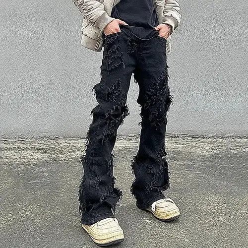 パンツ y2k opium flare black denim cargo pants Jean Opium Distressed Black Stack Denim Jeans y2k retro style