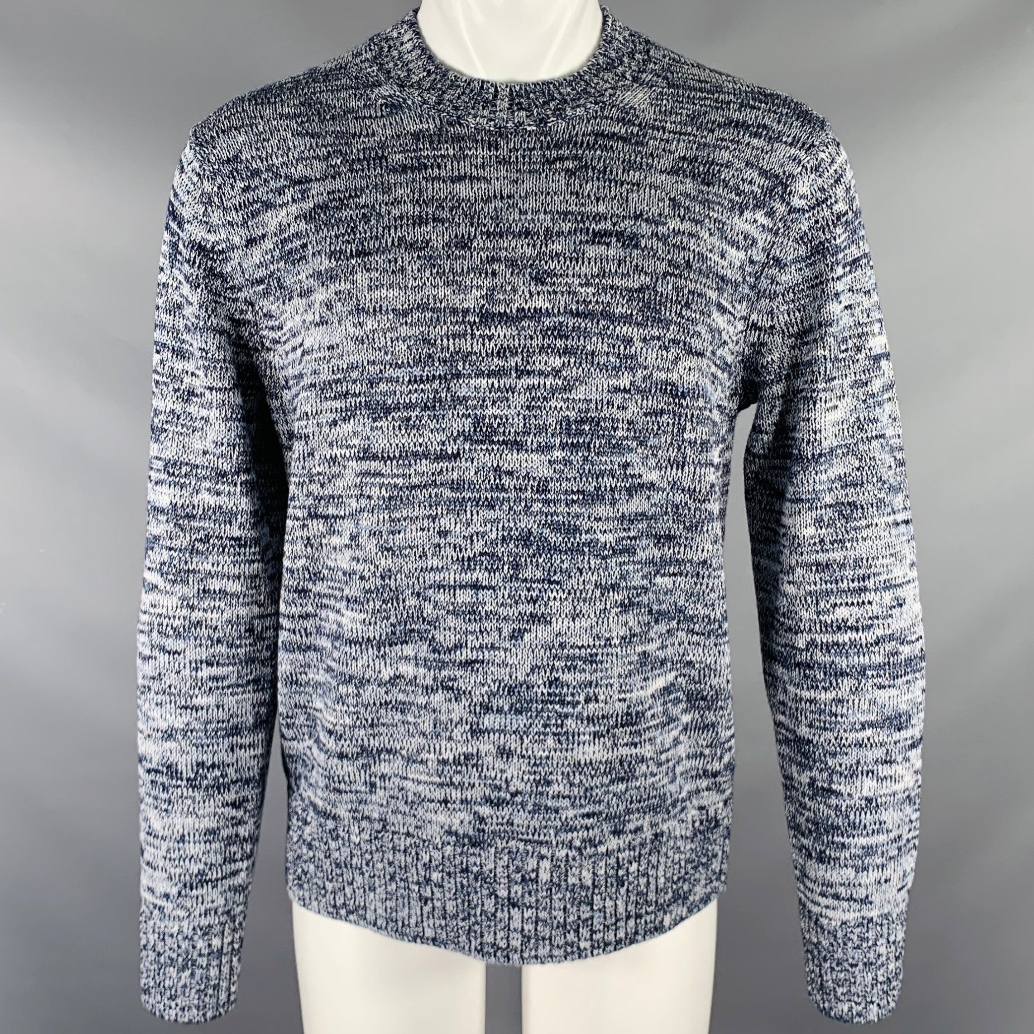 image of Vince Navy White Knit Linen Cotton Merino Wool Crew Neck Sweater, Men's (Size Medium)