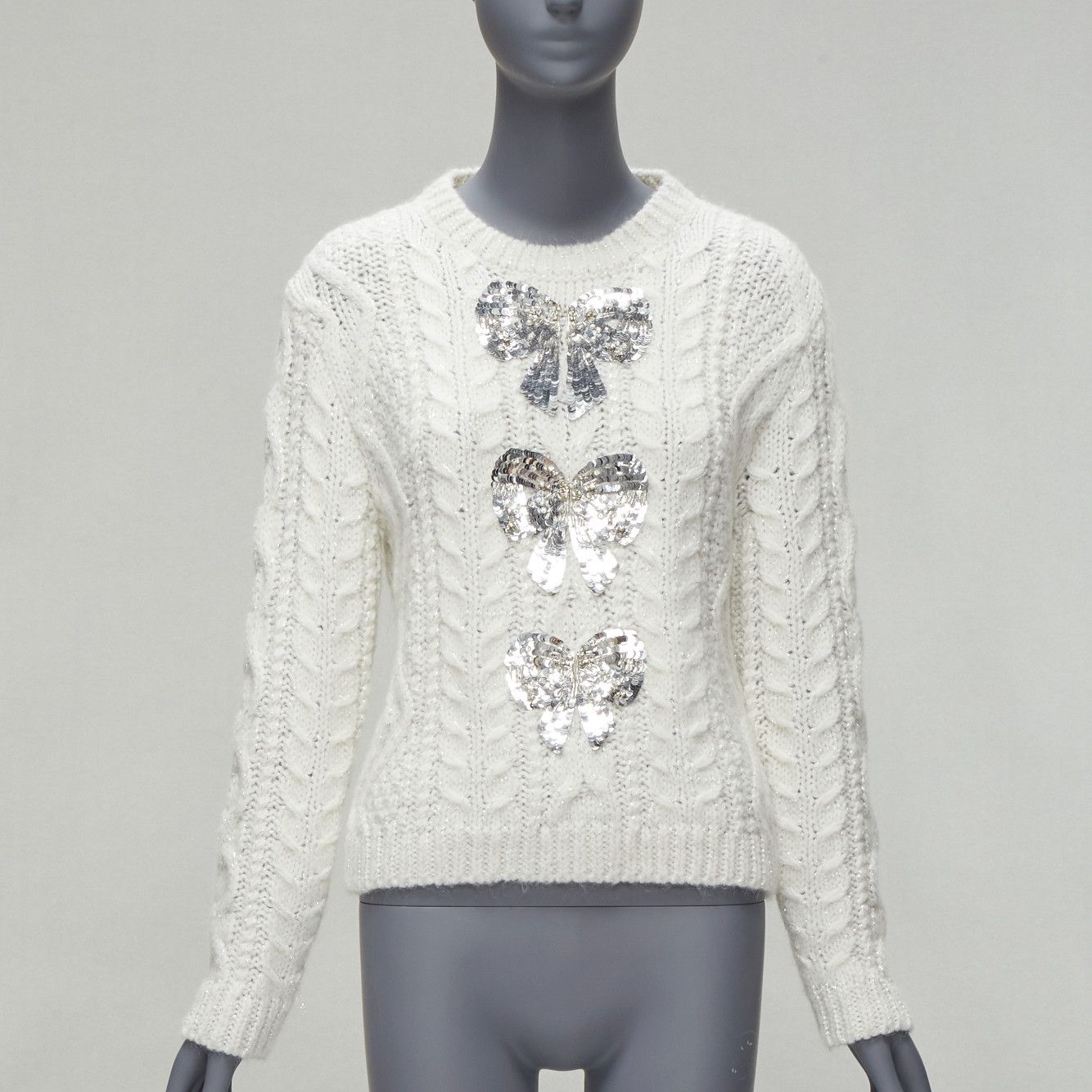 Valentino VALENTINO 2021 silver beads sequins bow white lurex cable knit sweater XS Size XS / US 0-2 / IT 36-38 - 1 Thumbnail