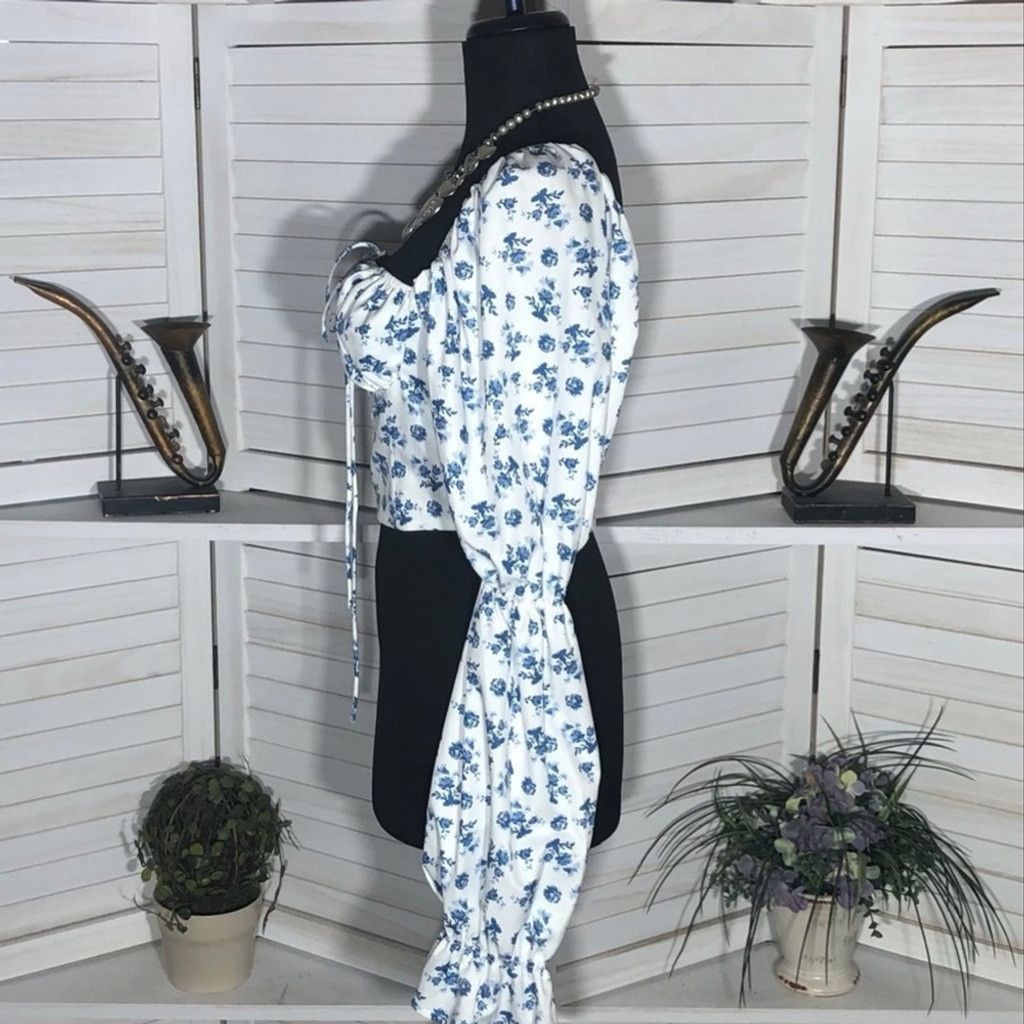 Vintage Y2K boho Cropped Top Tie Trumpet Sleeves Floral Blue White M Size M / US 6-8 / IT 42-44 - 6 Thumbnail