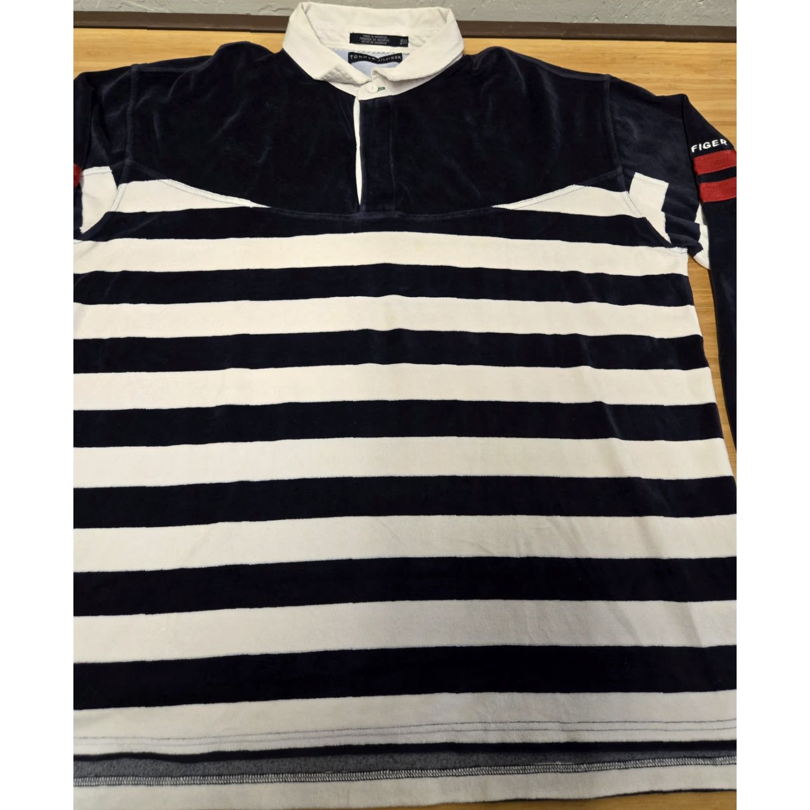 Tommy Hilfiger Tommy Hilfiger Rugby Shirt Mens 2XL Navy Blue White Striped Velour Long Sleeve Size US XXL / EU 58 / 5 - 3 Thumbnail