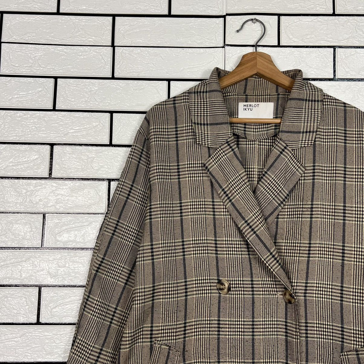 Japanese Brand MERLOT IKYU Checked Plaid Double Breast Long Coat #4150-C189 Size ONE SIZE - 3 Thumbnail