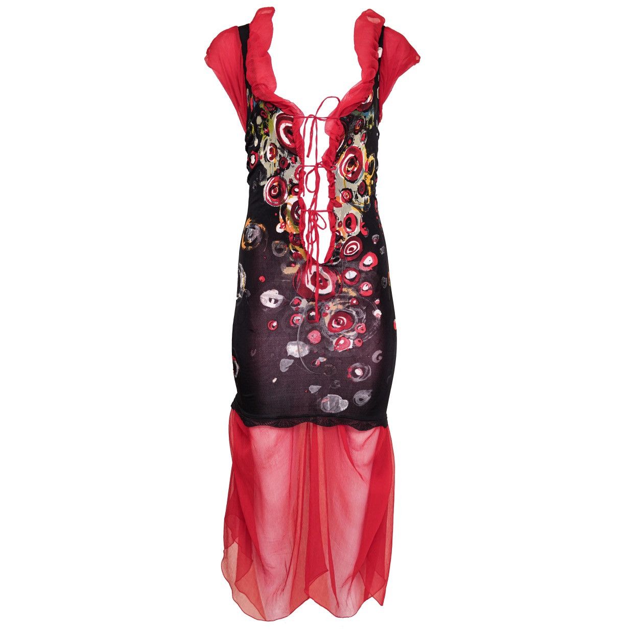 Jean Paul Gaultier Plunging Red Patterned Tie Bodycon Dress