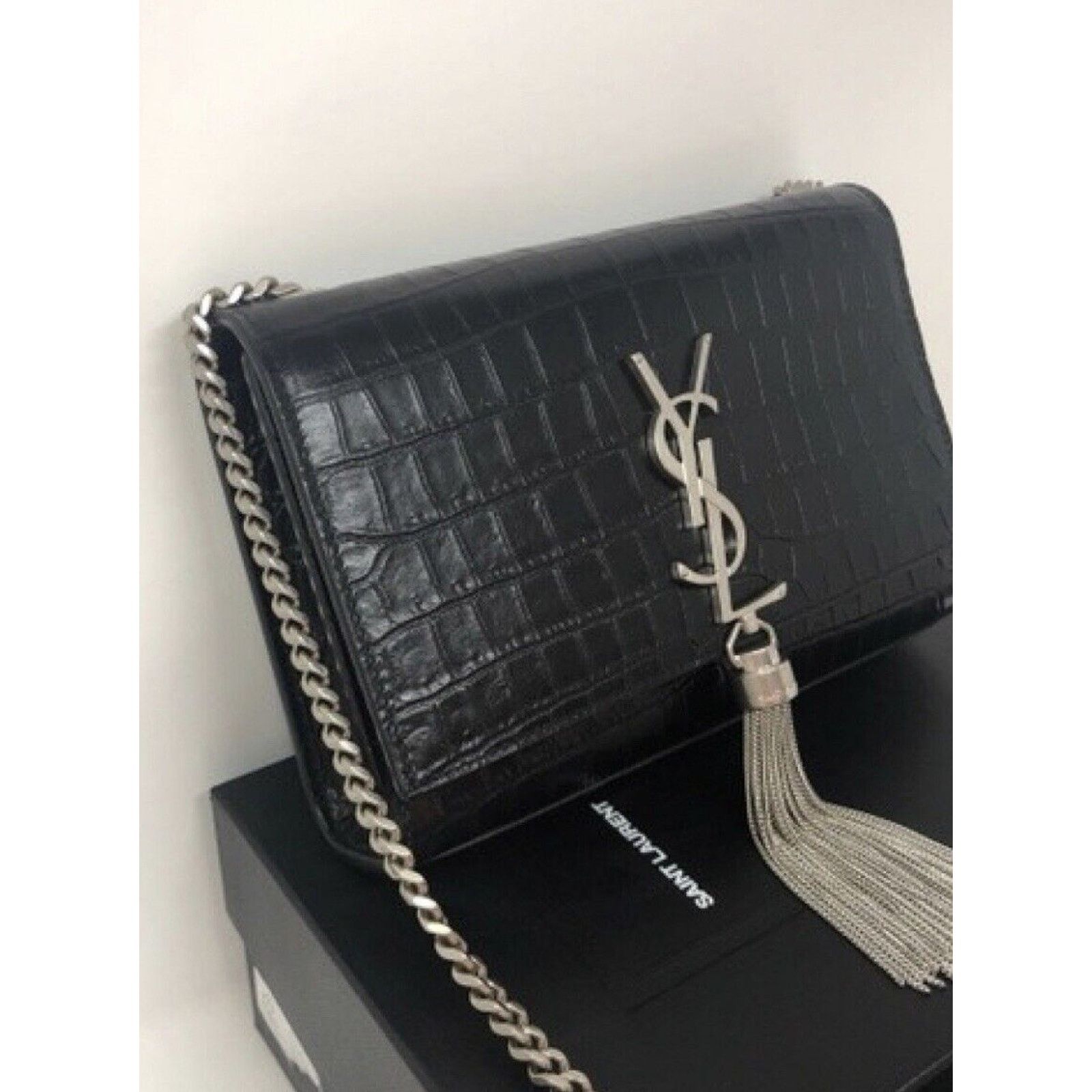 Yves Saint Laurent YSL Saint Laurent Kate Silver Hardware Embossed Croc Tassel Size ONE SIZE - 5 Thumbnail