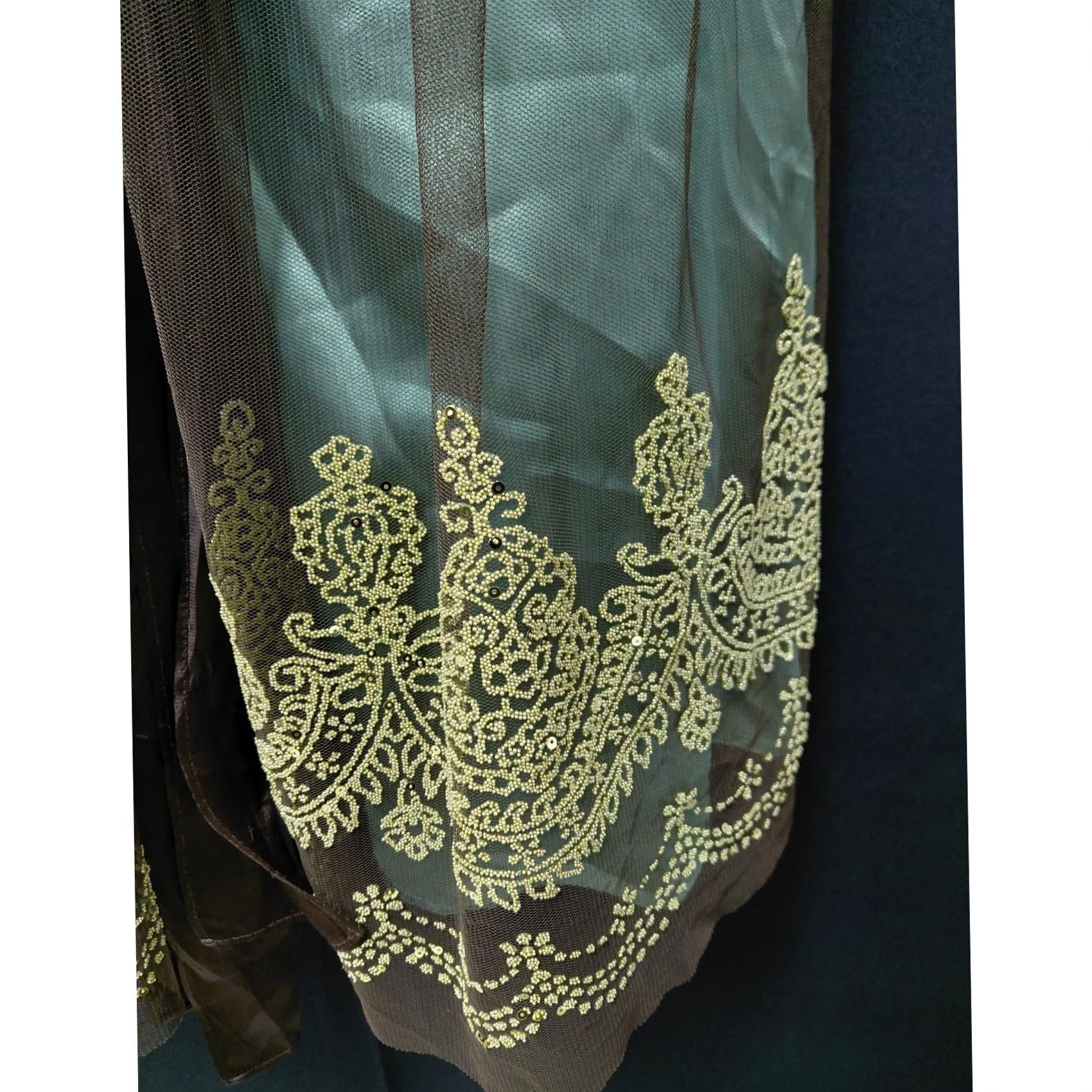 Vintage Blondie Nites by Stacy Sklar Strapless Women Dress Knee Length Green Embroidered Lined Satin/Tulle Mix Formal Party/Cocktail XS? Size L / US 10 / IT 46 - 3 Thumbnail