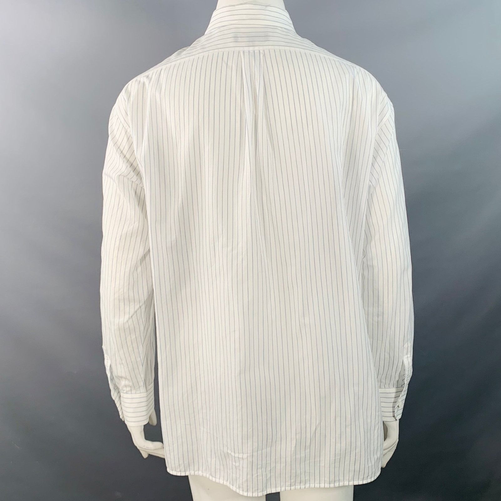 Size L White Blue Cotton Pinstripe Sheer Spread Collar Shirt