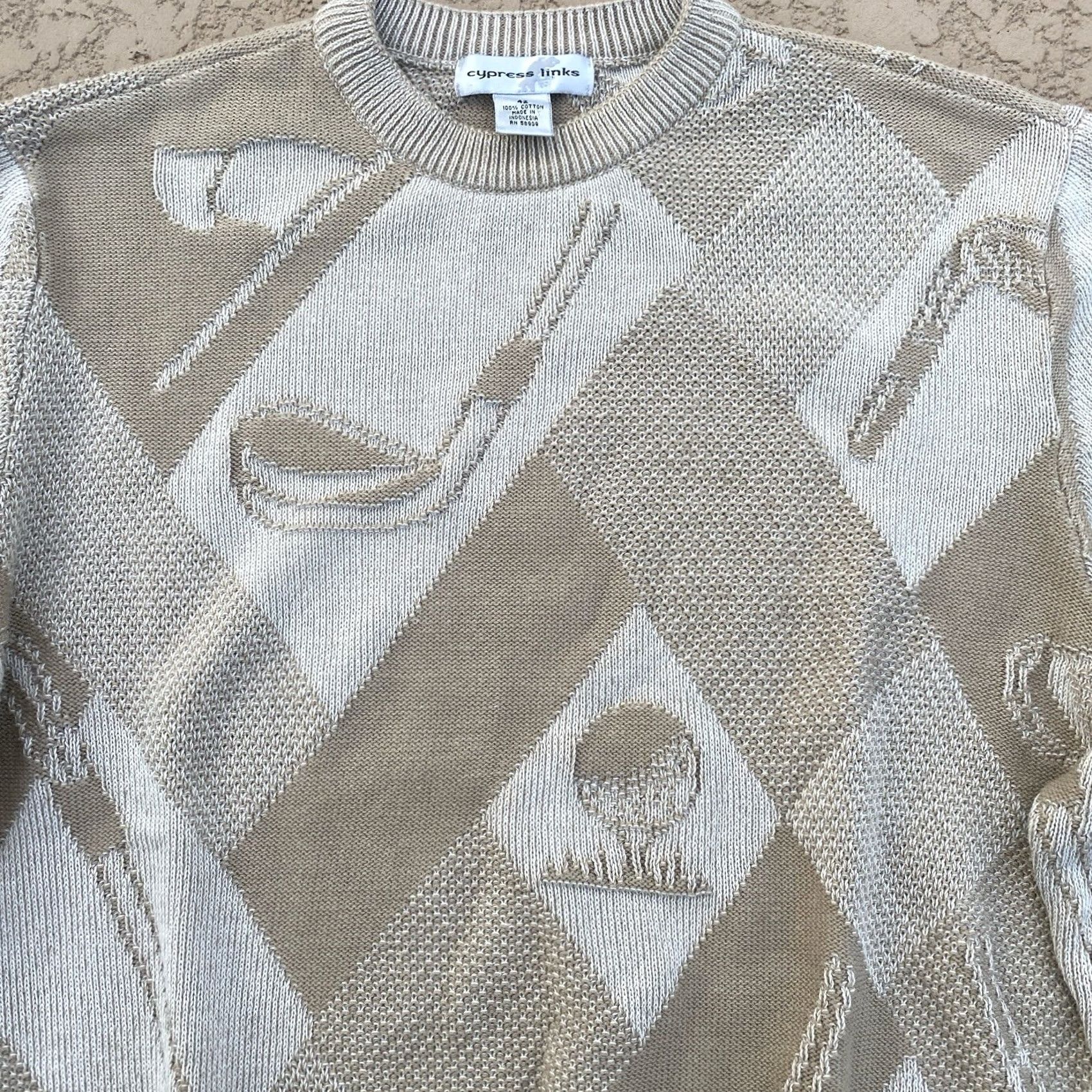 Gloverall VINTAGE Cypress Links All Over Golf Motif Sweater Adults Large Beige White Knit VTG Size US L / EU 52-54 / 3 - 2 Thumbnail
