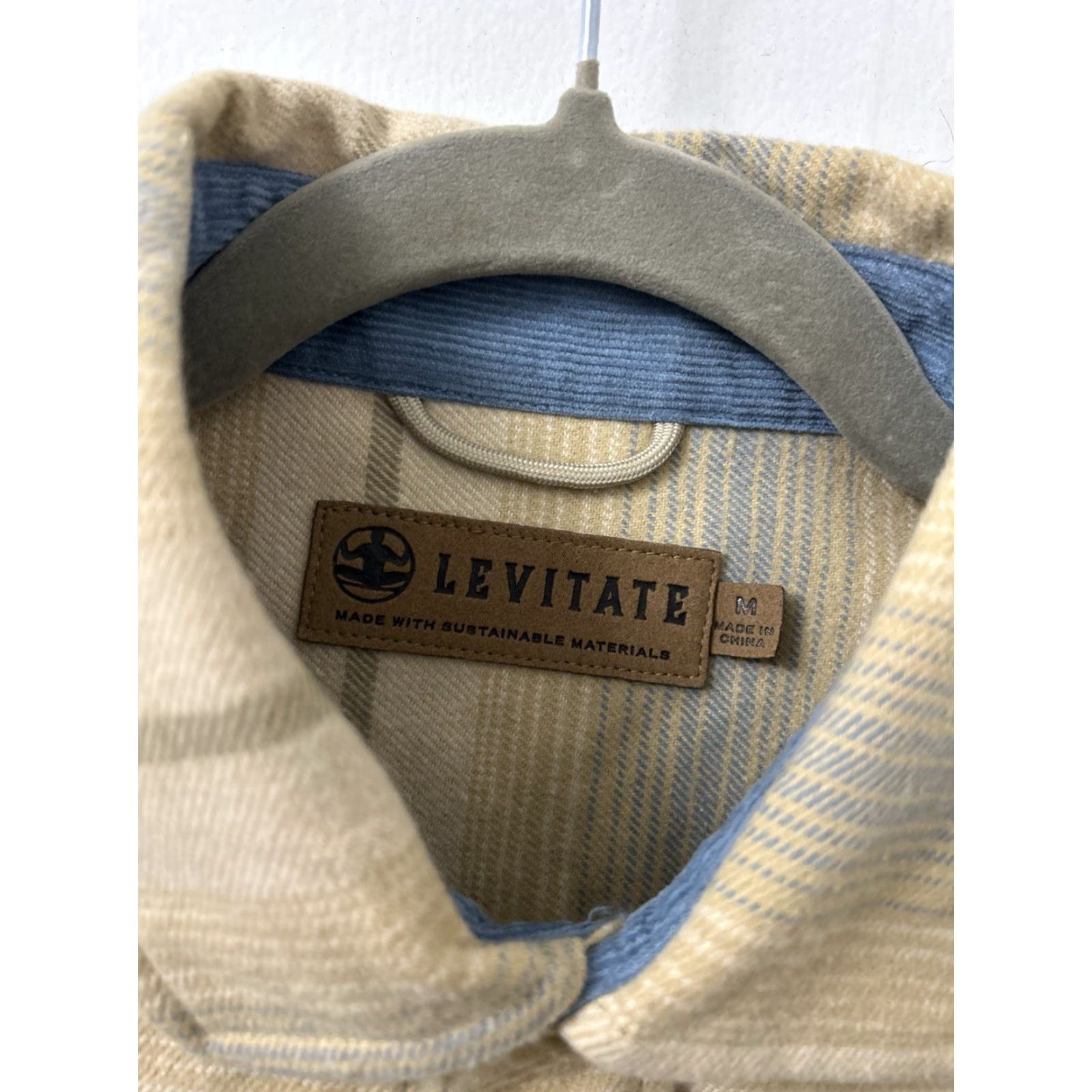 Vintage Levitate Shirt Mens M Tan Blue Striped Flannel Button-Down L/S Organic Cotton Recycled Polyester Pocket Embroidered Vintage: No Size US M / EU 48-50 / 2 - 6 Thumbnail