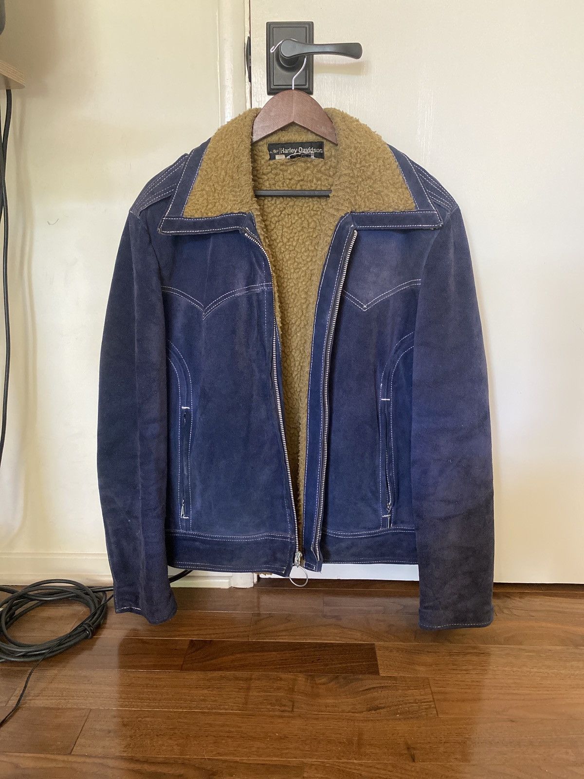 image of Harley Davidson x Vintage Amf Harley-Davidson 70’S Suede Jacket in Blue, Men's (Size Small)