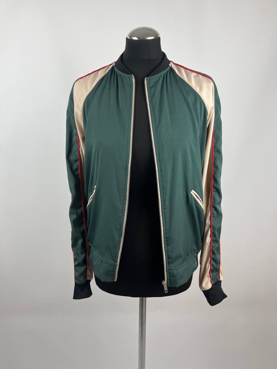 Pinko PINKO Embroidered Rose Satin Bomber Jacket - Green/Beige Size S / US 4 / IT 40 - 2 Thumbnail