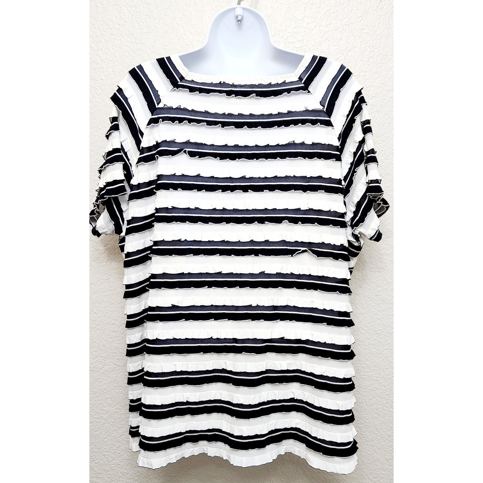 Other TanJay Black White Striped Ruffled Pleats Square Neck Top 1X Size XXL / US 16-18 / IT 52-54 - 5 Thumbnail