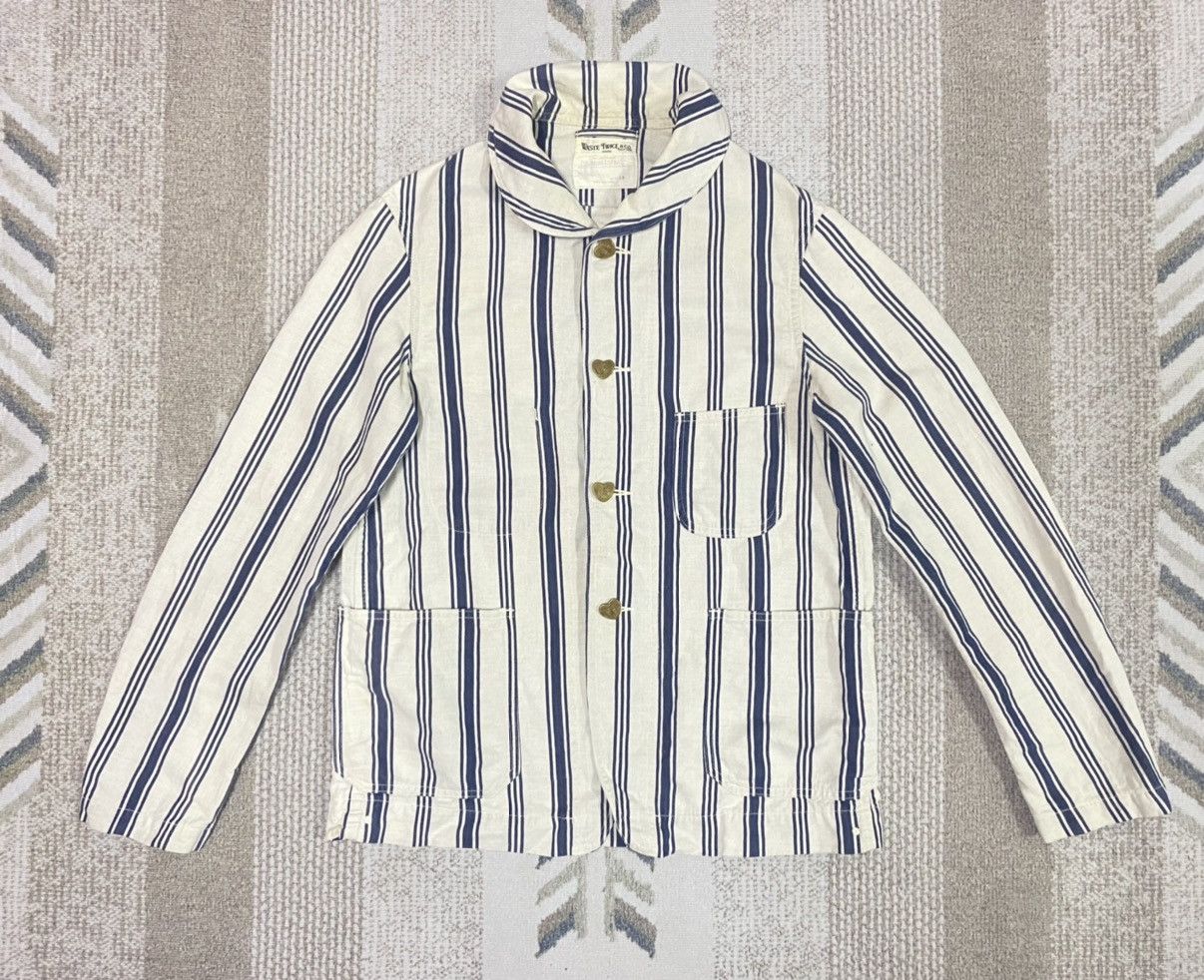image of Waste Twice Shawl Collar Striped Chore Jacket in White Stripe, Men's (Size Small)