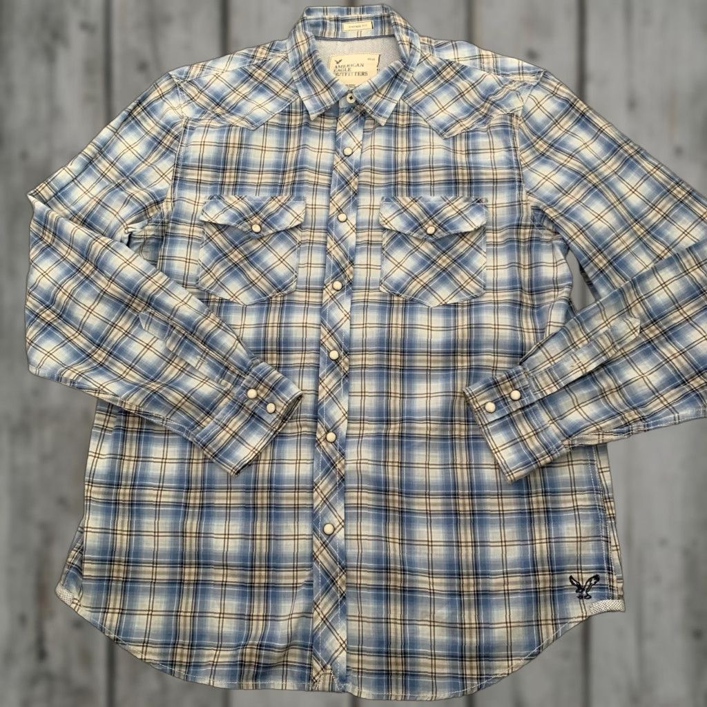 American Eagle Outfitters VINTAGE American Eagle Outfitters Shirt Mens Large Pearl Snap Blue Plaid L/S Vintage Fit Size US L / EU 52-54 / 3 - 1 Thumbnail