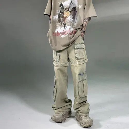 image of Retro Buttons Detachable Wide Cargo Jeans in Khaki, Men's (Size 32)