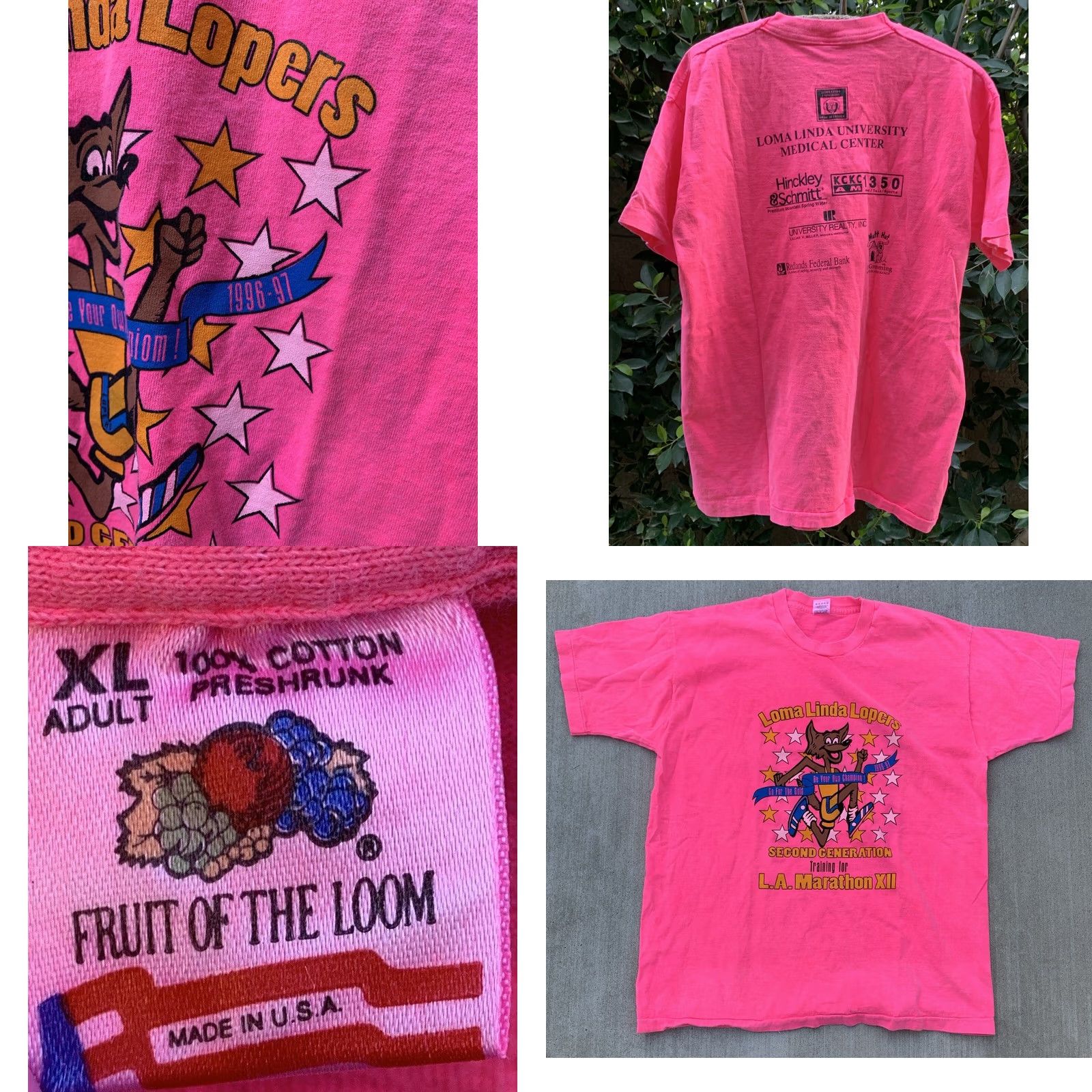 Fruit Of The Loom VINTAGE Loma Linda Lopers Marathon Training T Shirt 90s Neon Pink Size XL Fruit of the Loom Mens T-Shirt Size US XL / EU 56 / 4 - 9 Thumbnail