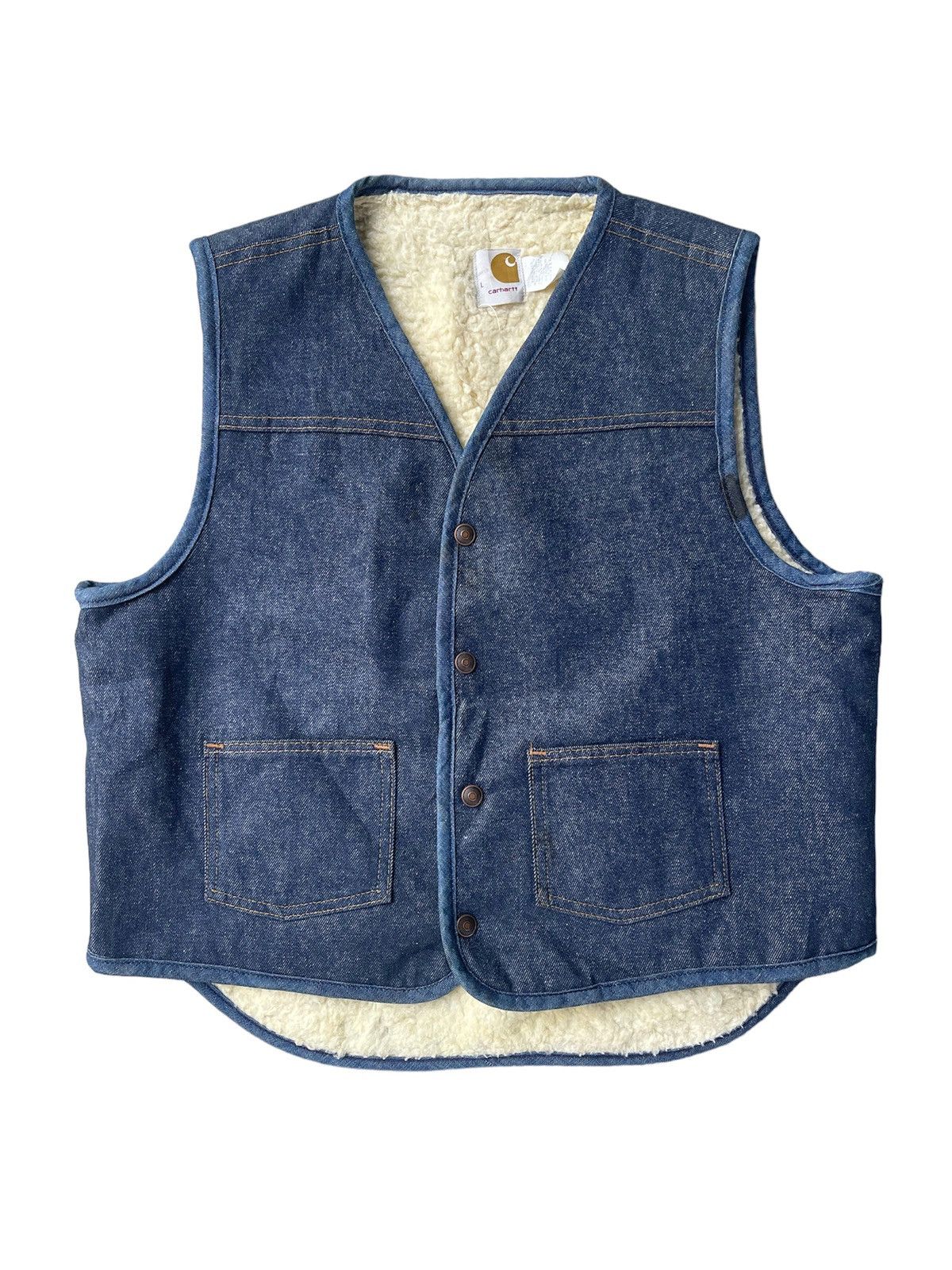 image of Vintage Carhartt Sherpa Lined Denim Gilets in Blue Denim, Men's (Size Medium)