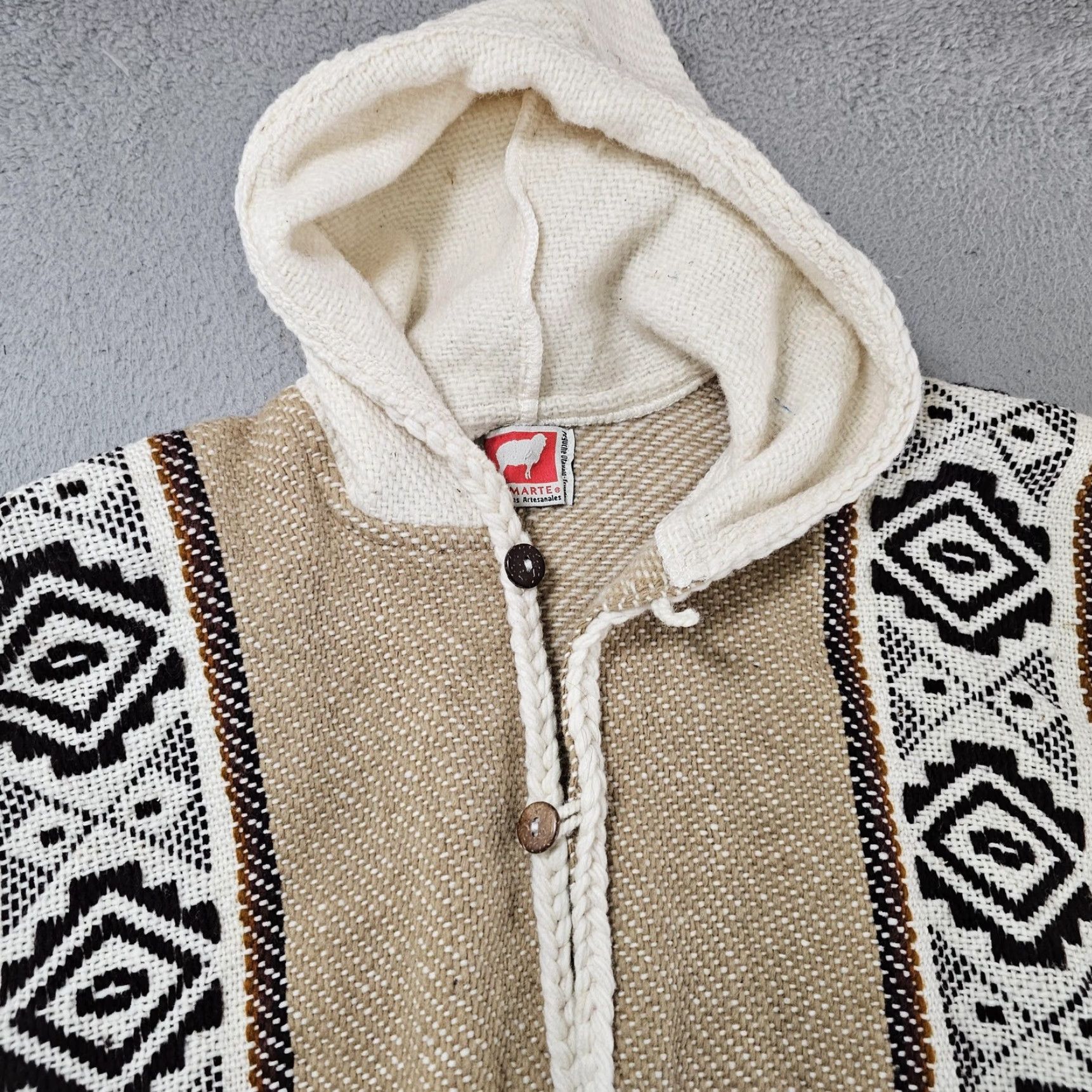 Vintage Milmarte Poncho Womens One Size White Hooded Wool Fringe Southwestern Tribal Geometric Thermal Casual Fall Winter Size ONE SIZE - 2 Thumbnail
