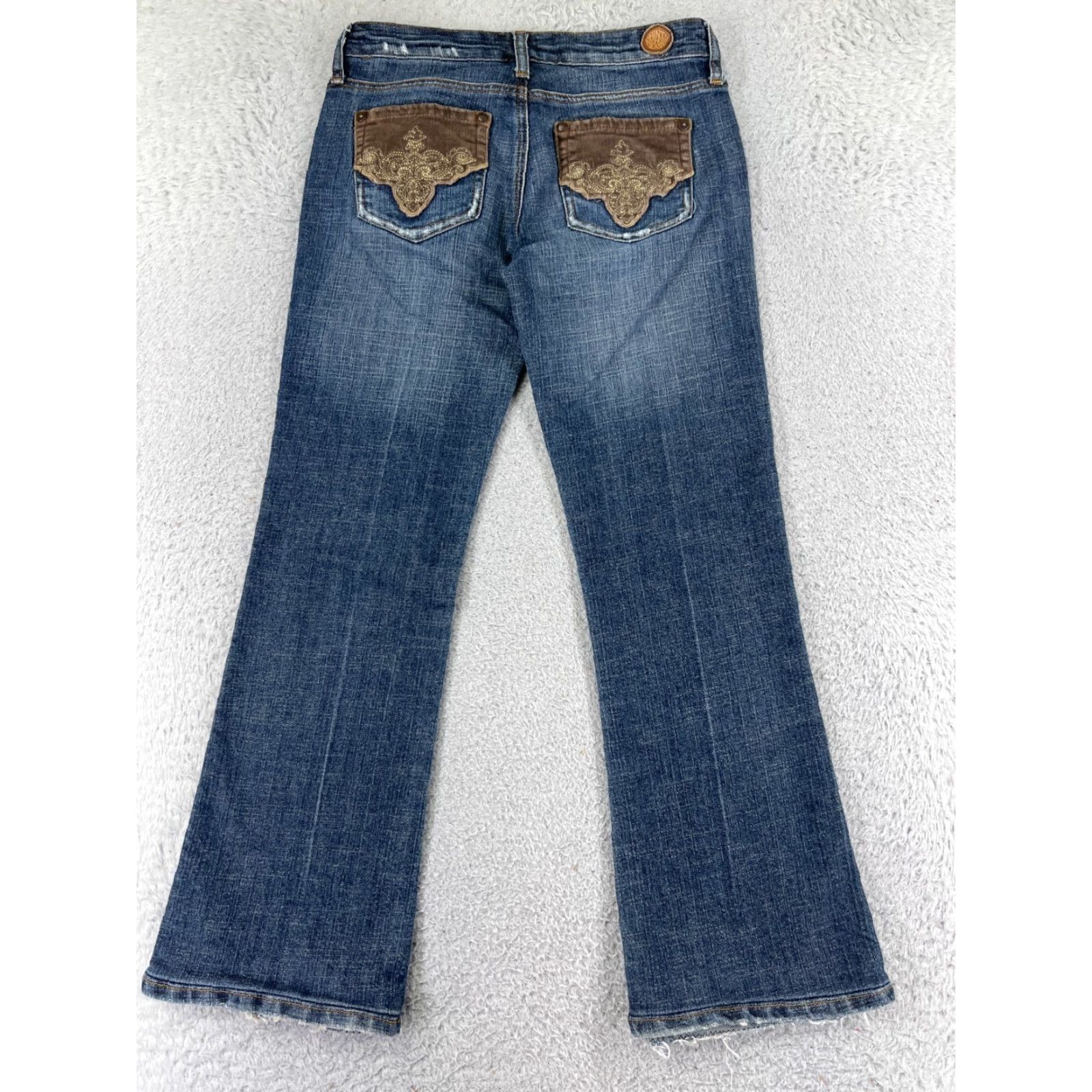 Vintage Hint Pants Womens Jeans Flared Low Rise Blue Denim Cotton Blend 3 5-Pocket Design Embroidered Distressed Stretch Casual Size 26" / US 2 / IT 38 - 3 Thumbnail