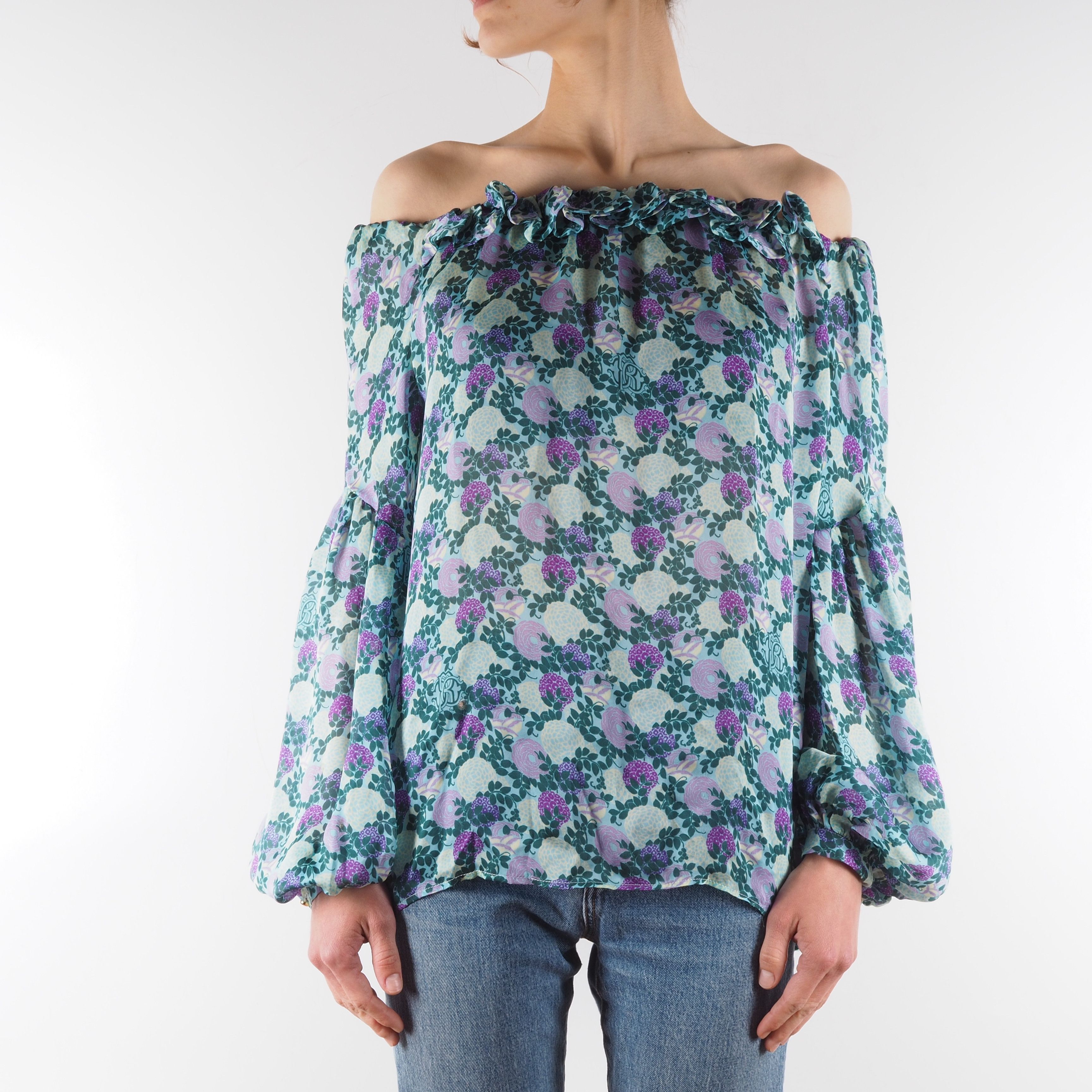 Roberto Cavalli Roberto Cavalli Off Shoulders Multicolor Floral Silk Blouse Size XS / US 0-2 / IT 36-38 - 2 Thumbnail
