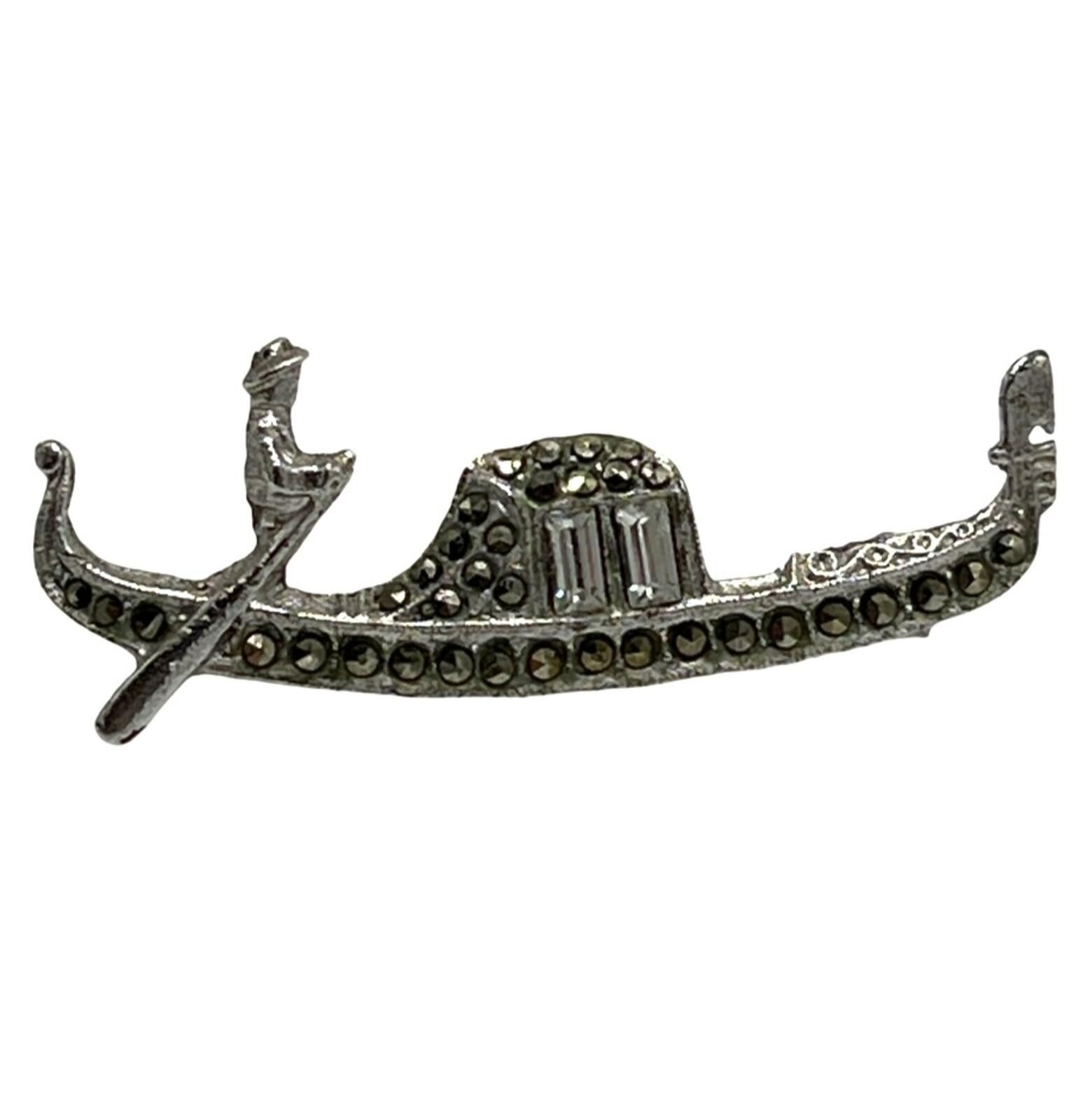 Other Sterling Silver Marcasite & Smoke Rhinestone Gondola Brooch Size ONE SIZE - 1 Thumbnail