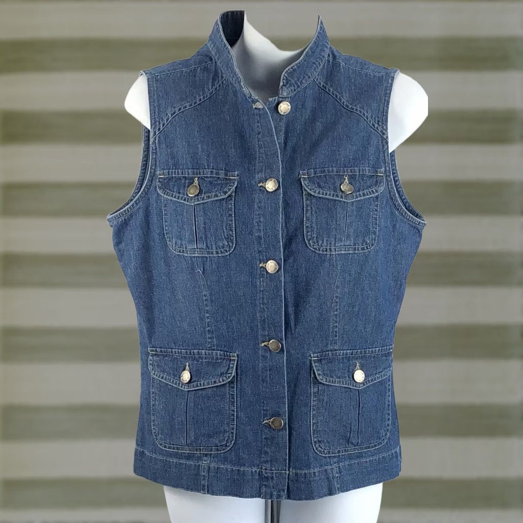 Denime Vintage Sleeveless Jean Vest Top S Button Denim Band Collar Pocket Retro 90s Y2K Size S / US 4 / IT 40 - 1 Thumbnail