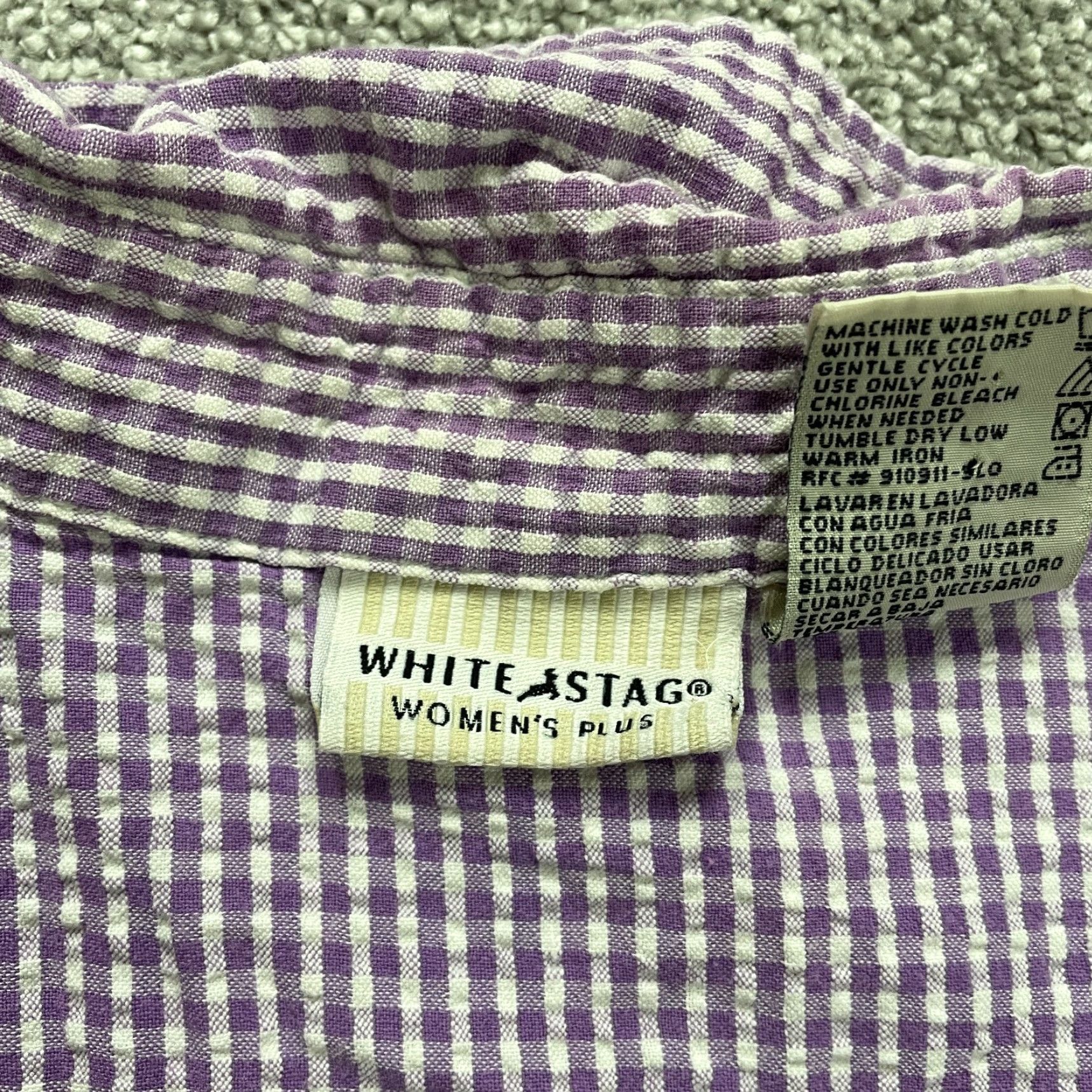 Vintage White Snag Plus Size Button-Up Blouse Shirt Women 22W Purple Check Short Sleeve Cotton Casual Size 3XL / US 20-22 - 4 Thumbnail