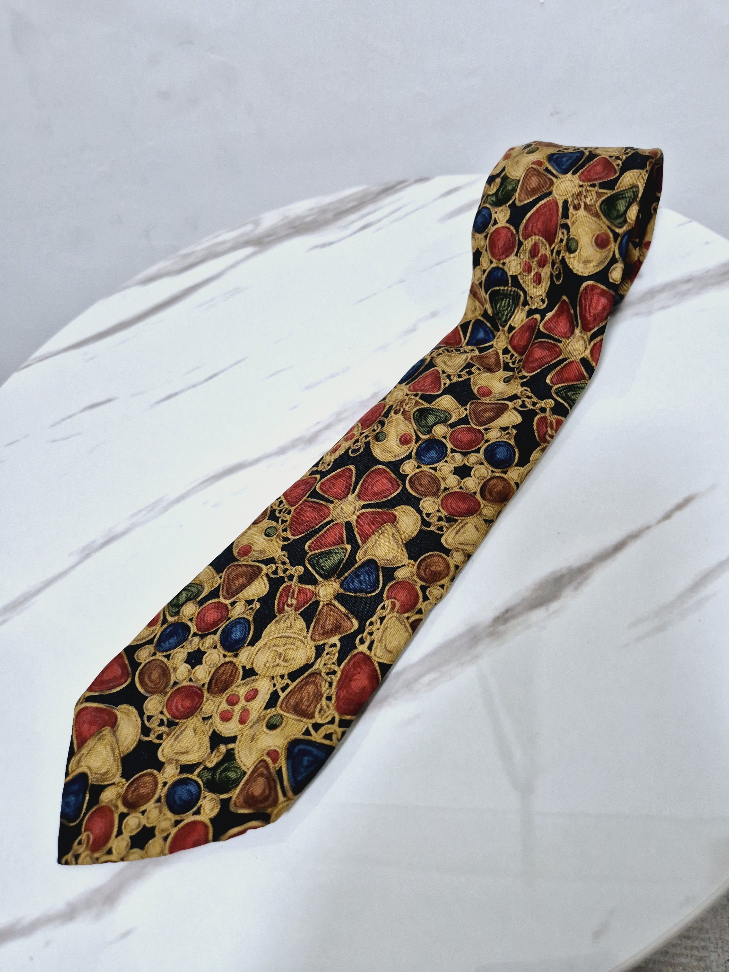 Chanel Chanel Vintage Multi Gem Jewelry Print Silk Tie Size ONE SIZE - 1 Thumbnail
