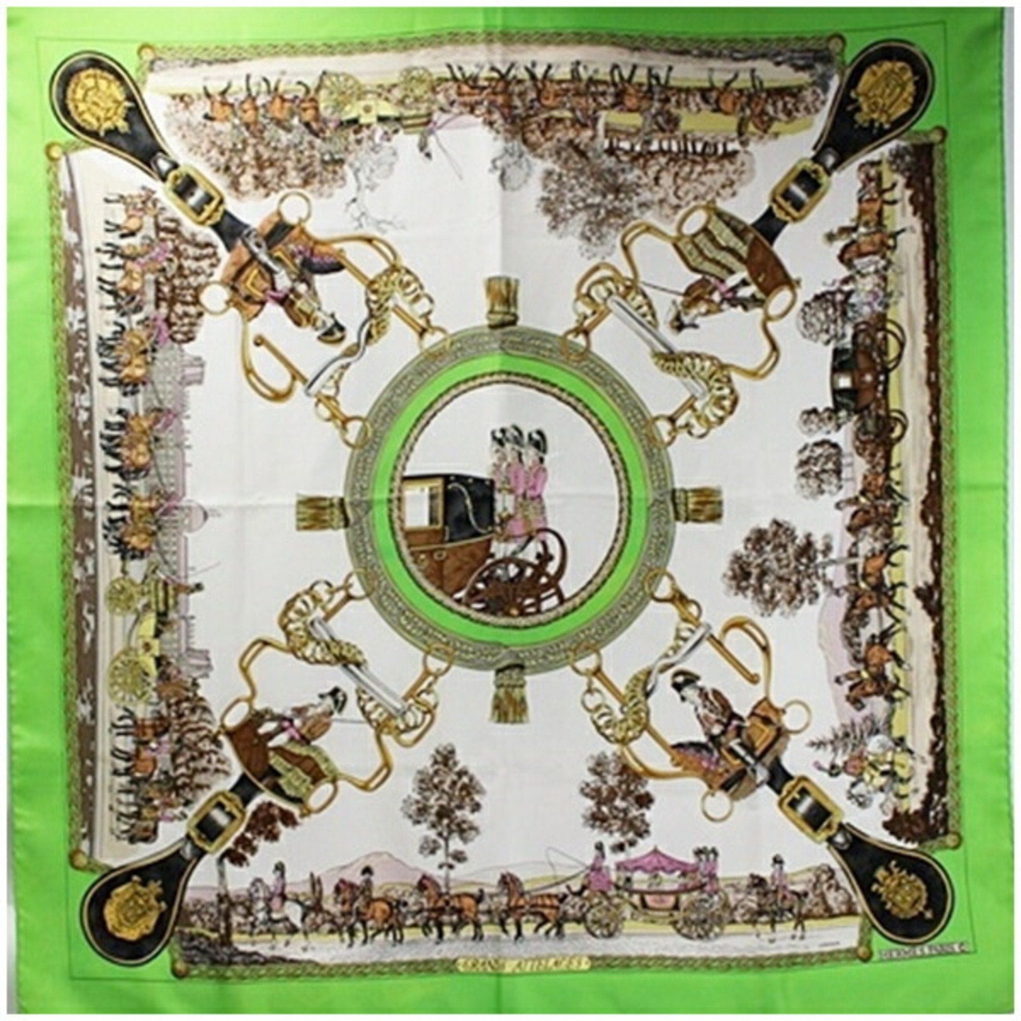 image of Hermes Carre 90 Silk Scarf Muffler Grands Attelages Light Green X White Ladies Carriage Horse Tackl