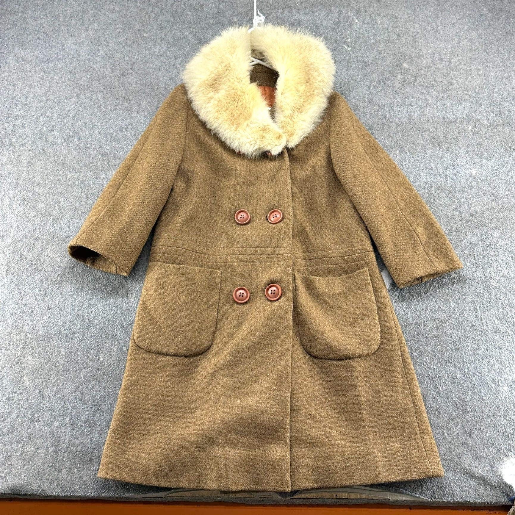 Vintage VINTAGE Union Label Wool Coat Womens M Brown Long Overcoat Faux Fur Double Breasted 50s 60s Coat Women Mens? Size M / US 6-8 / IT 42-44 - 2 Thumbnail
