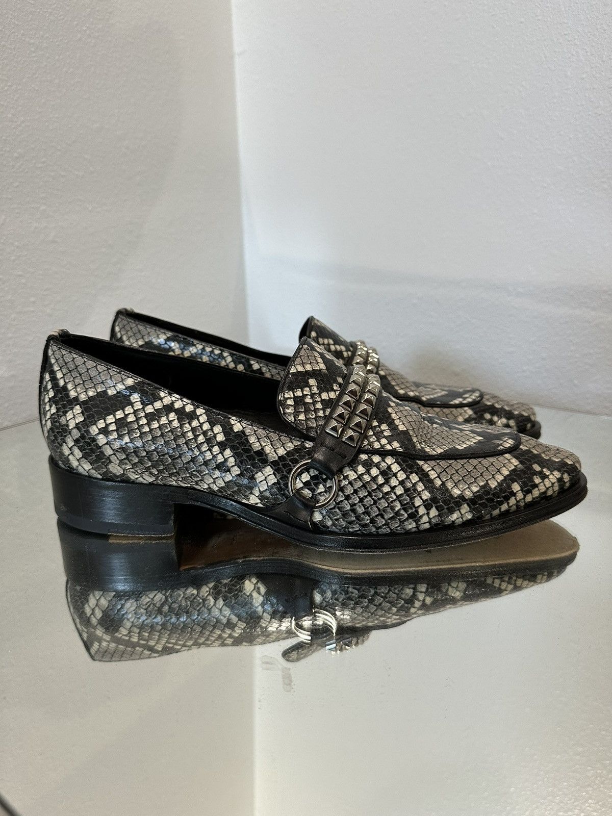 image of Giuseppe Zanotti Python Studded Loafers Size 10 in Grey, Men's
