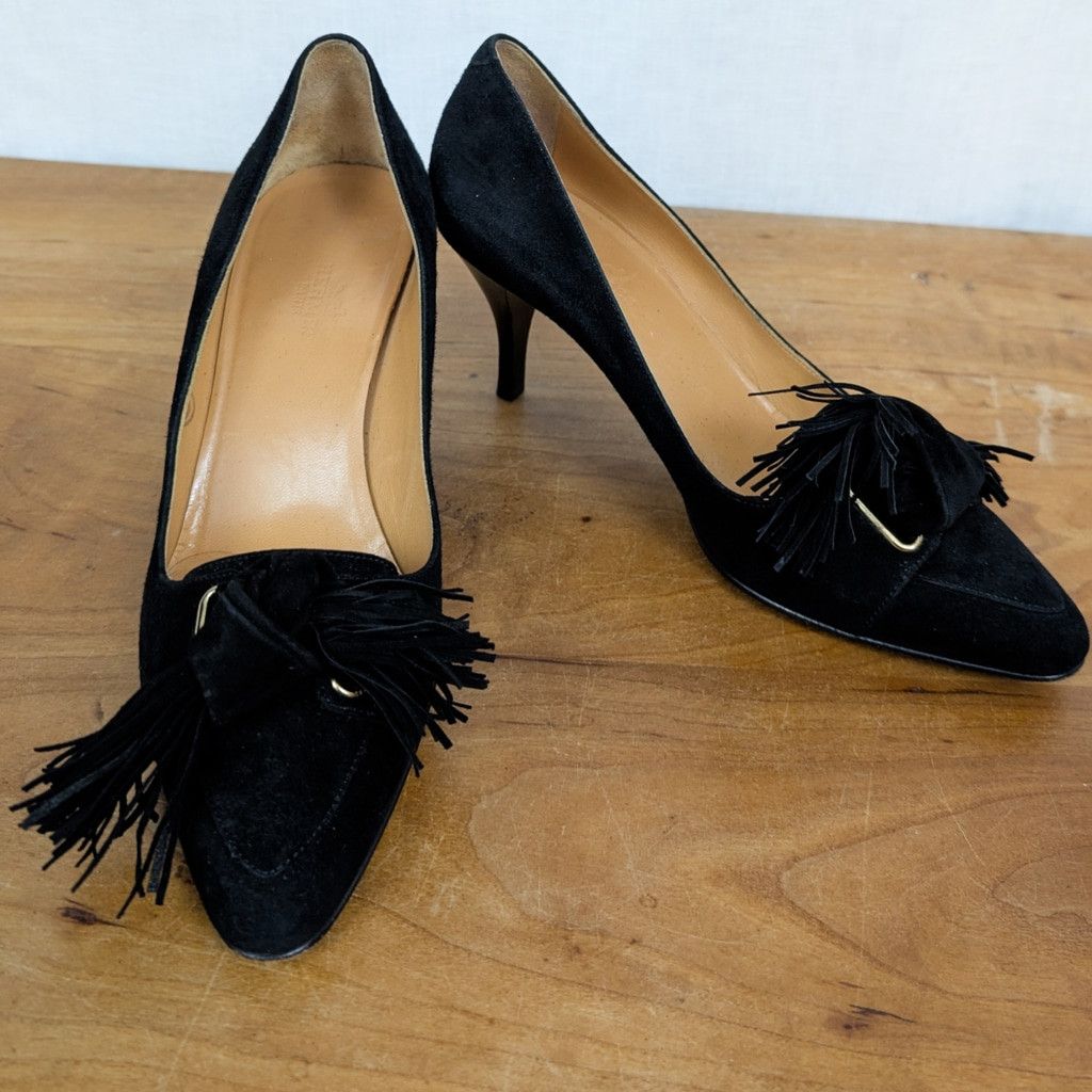 Hermes Hermes Black Suede Fringe Tie Front Heels Size 37 Size US 7 / IT 37 - 1 Thumbnail