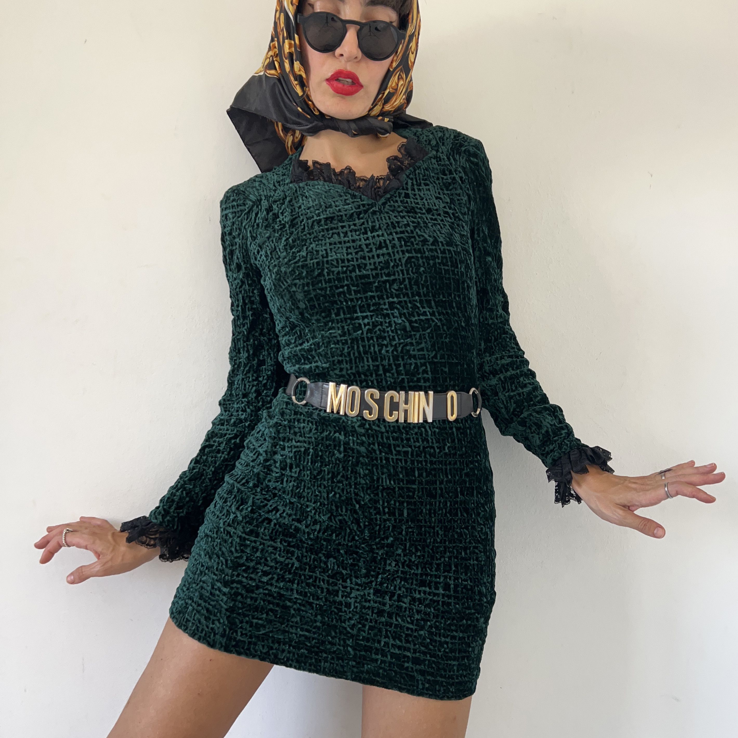 Vintage Vintage Green Crushed Velvet Mini Dress Size M / US 6-8 / IT 42-44 - 3 Thumbnail