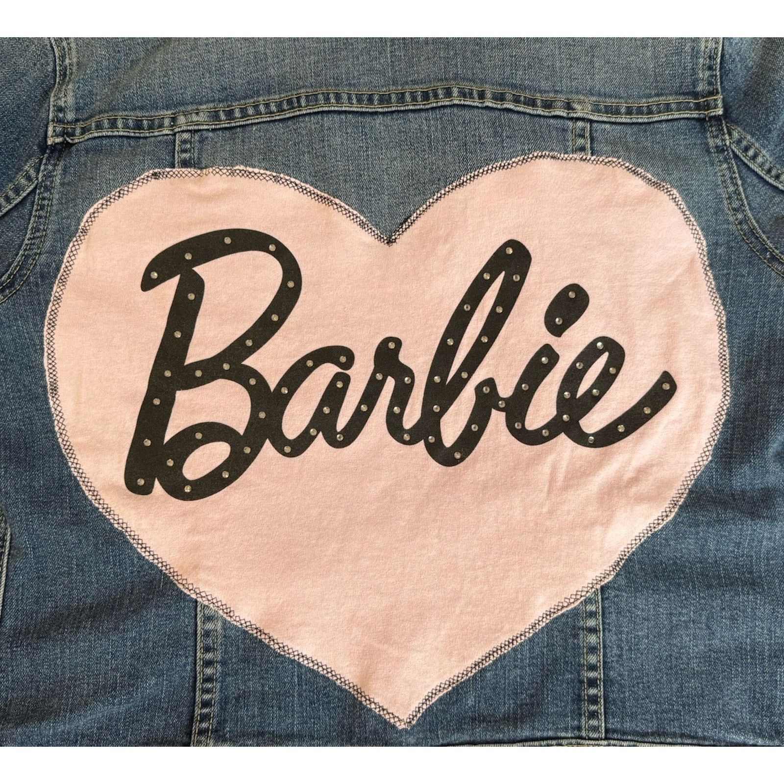 Old Navy BARBIE Pink Heart Rhinestone Denim Jacket Upcycled Retro L Size L / US 10 / IT 46 - 7 Thumbnail
