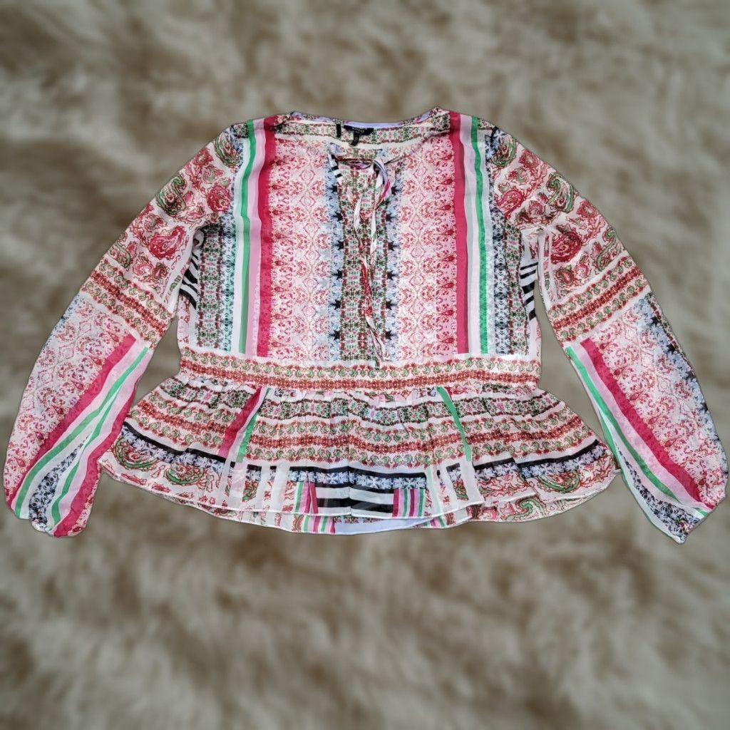 Buffalo David Bitton Buffalo by David Bitton Blouse Shirt Multicolor Sheer Ruffle Peplum Boho Peasant Sz S Womens Long Sleeve Size S / US 4 / IT 40 - 1 Thumbnail